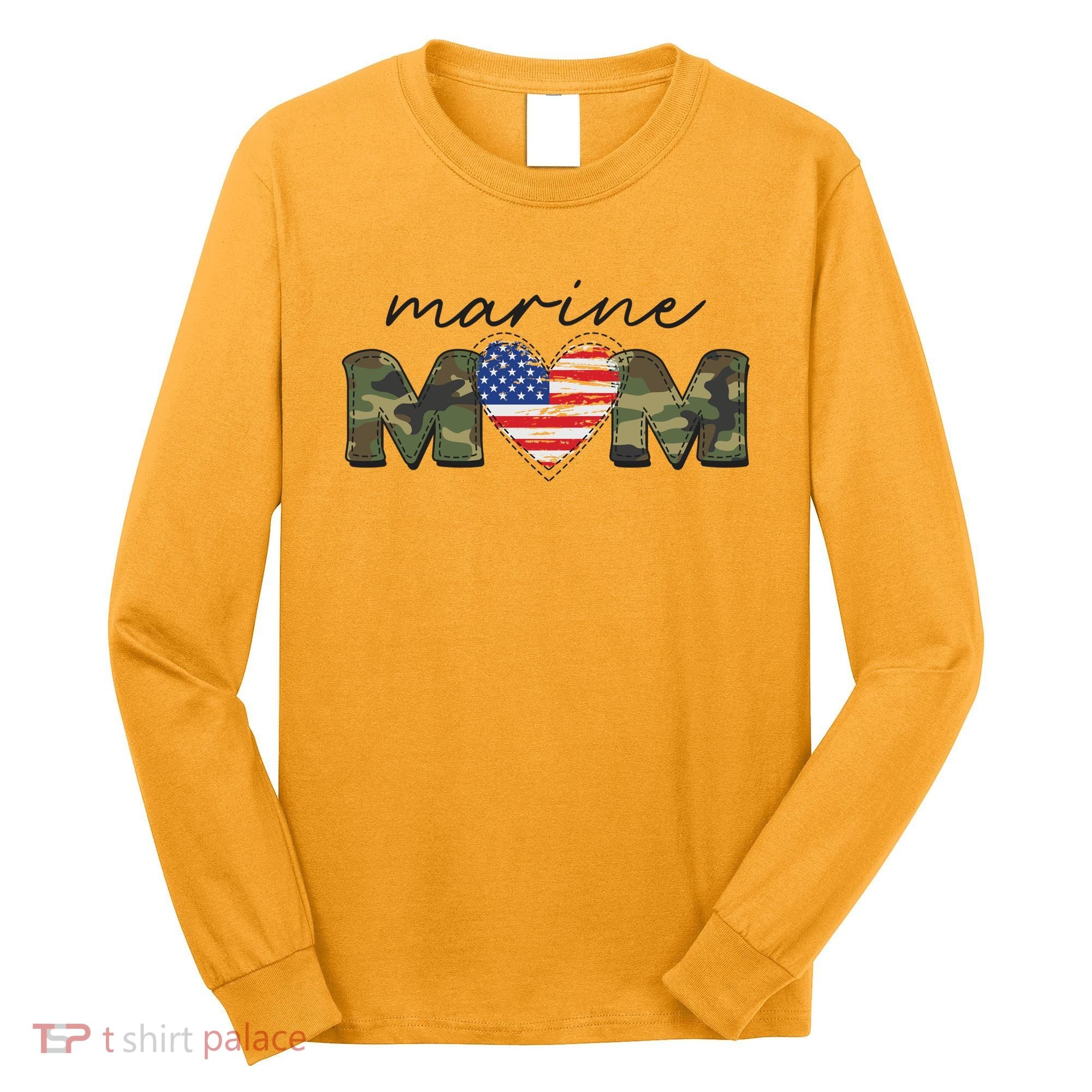 Cute Camouflage Marine Mom American Flag Heart Long Sleeve Shirt
