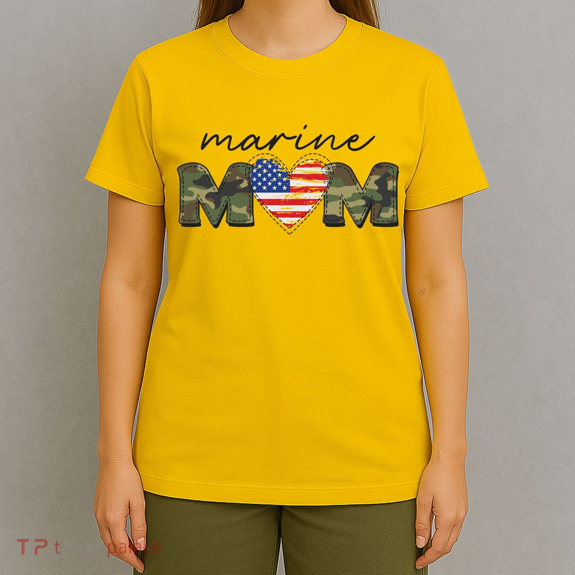 Cute Camouflage Marine Mom American Flag Heart T-Shirt