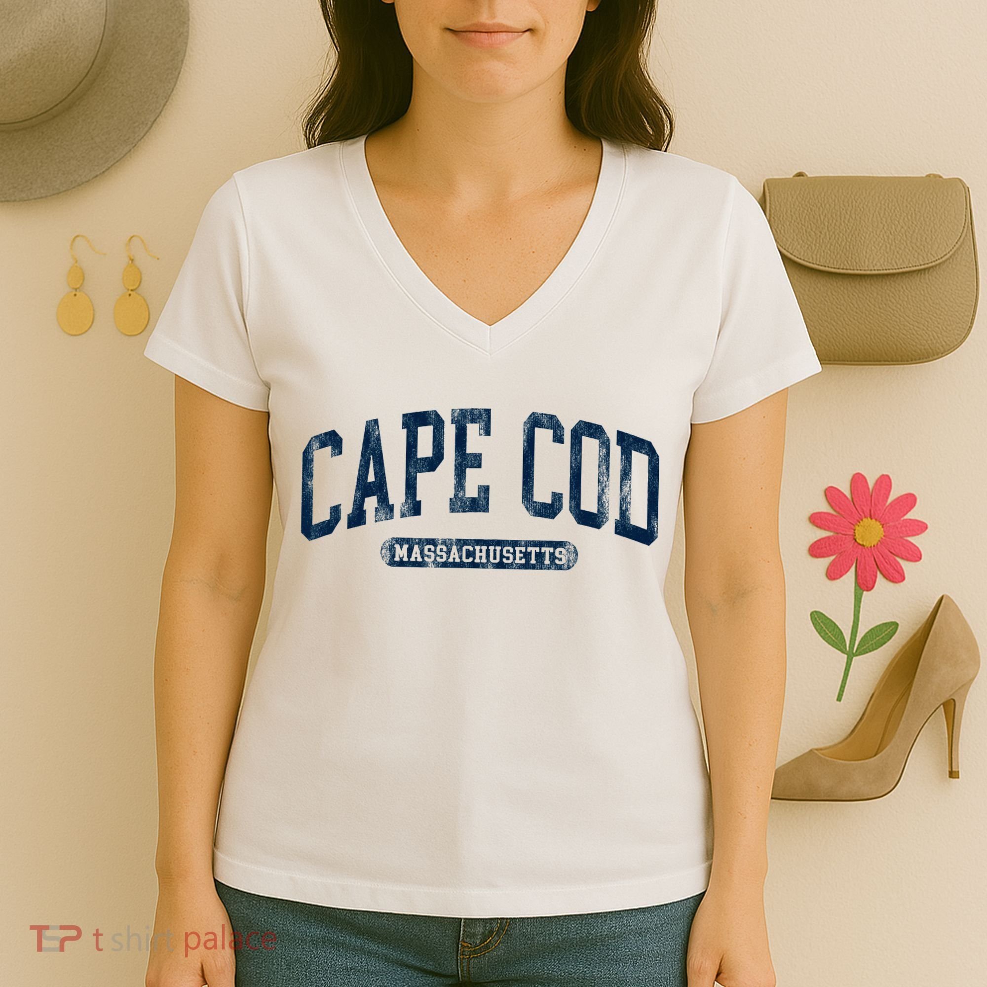 Cape Cod Massachusetts Retro Preppy Women's V-Neck T-Shirt