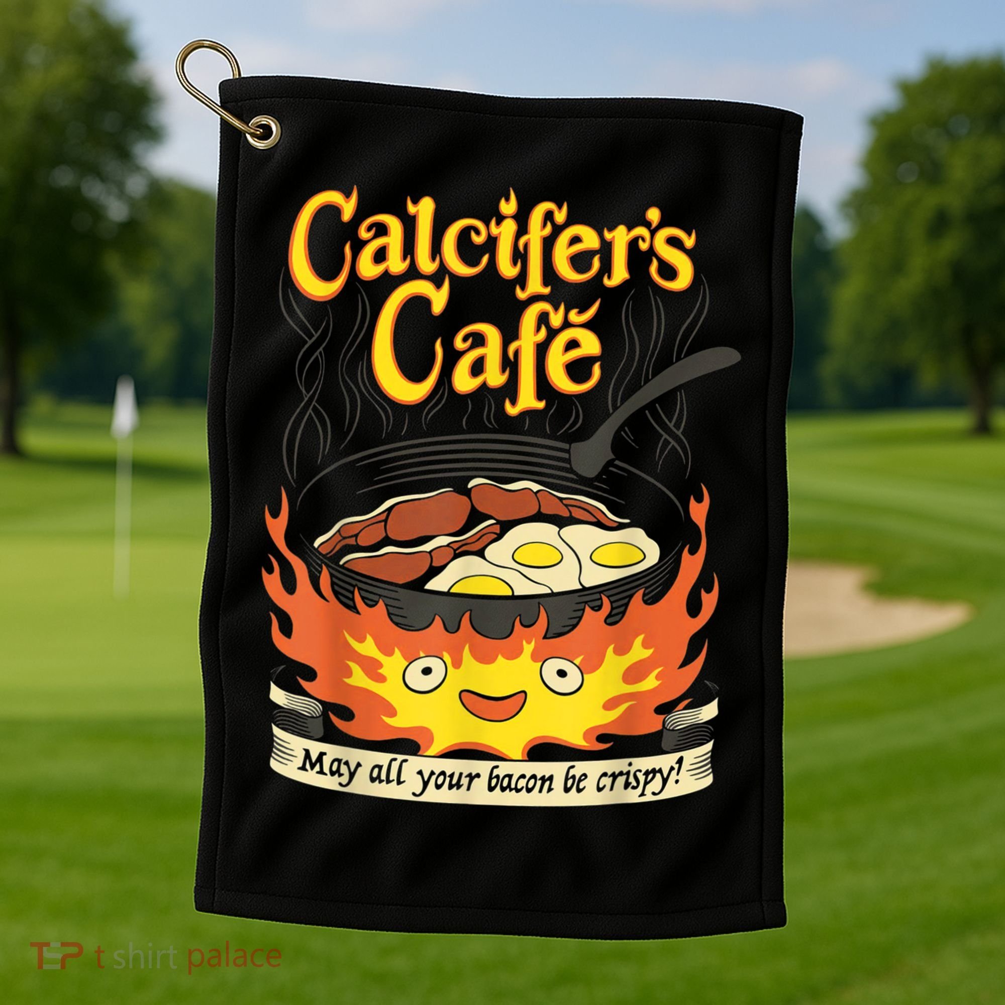 Calcifer's Cafe May All Your Bacon & Eggs Be Crispy Cooking Golf Towel