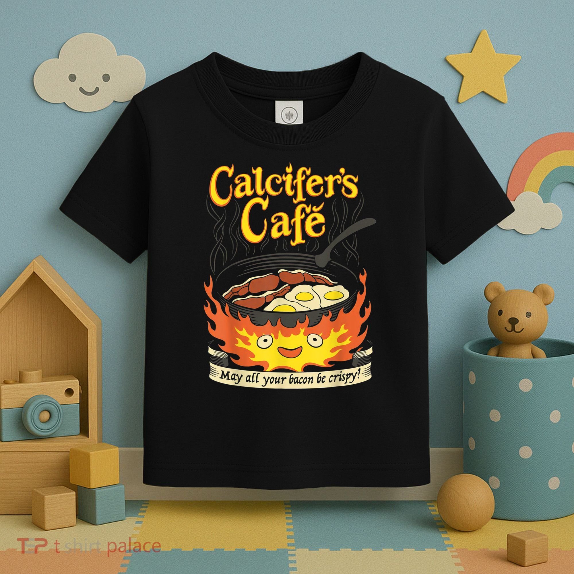 Calcifer's Cafe May All Your Bacon & Eggs Be Crispy Cooking Toddler T-Shirt