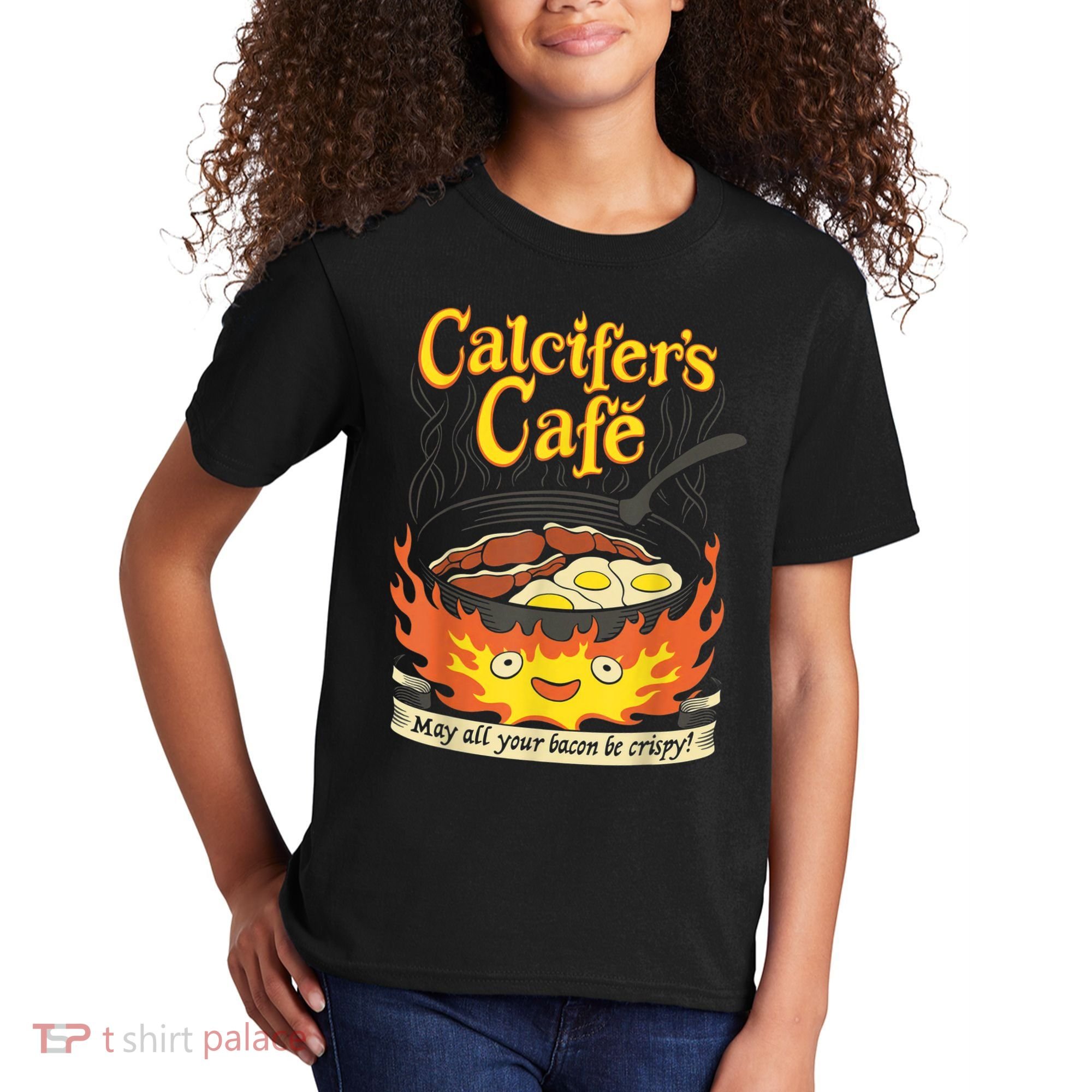 Calcifer's Cafe May All Your Bacon & Eggs Be Crispy Cooking Kids T-Shirt