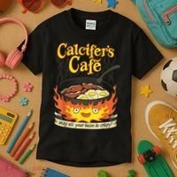Calcifer's Cafe May All Your Bacon & Eggs Be Crispy Cooking Kids T-Shirt thumb 3