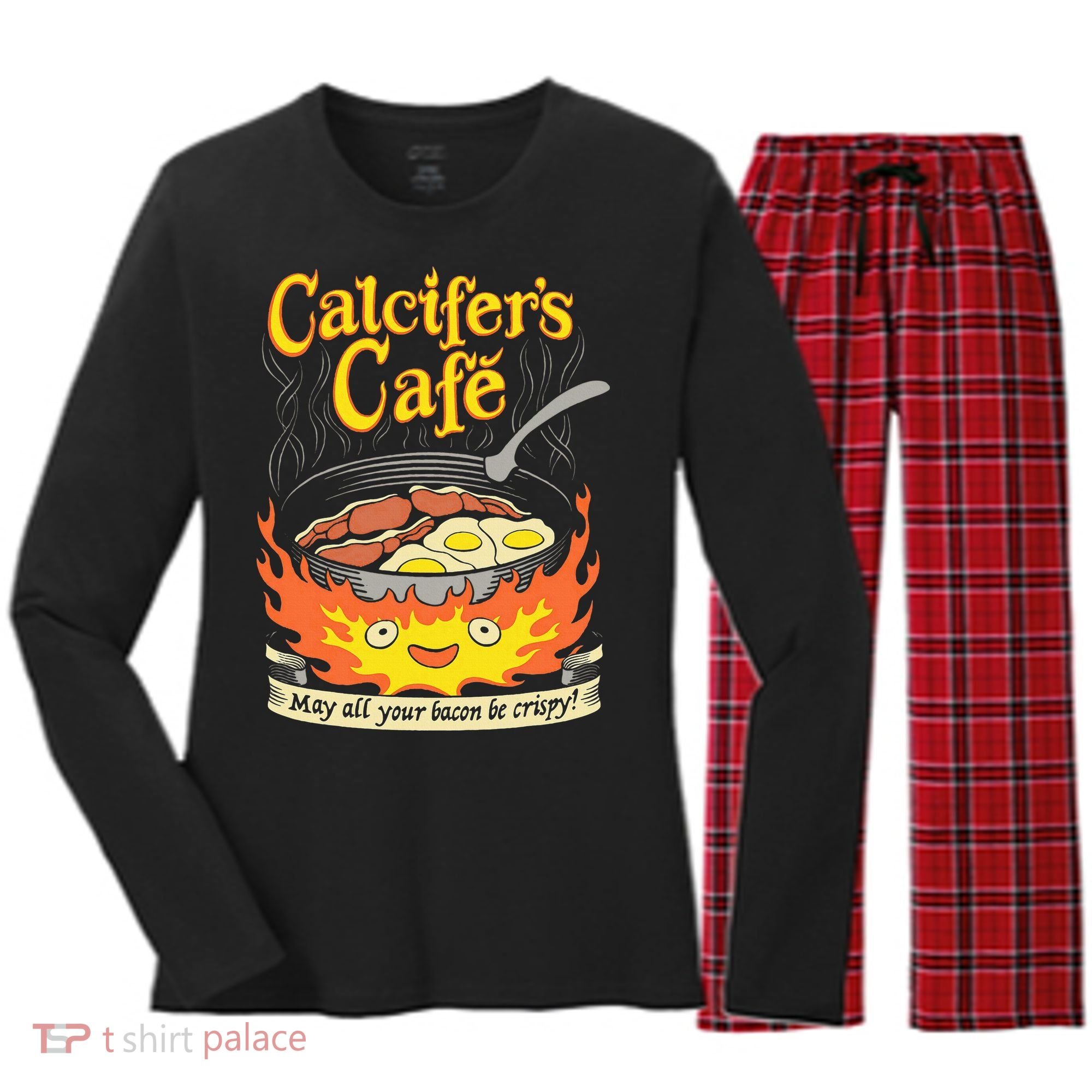 Calcifer's Cafe May All Your Bacon Eggs  Women's Long Sleeve Flannel Pajama Set 