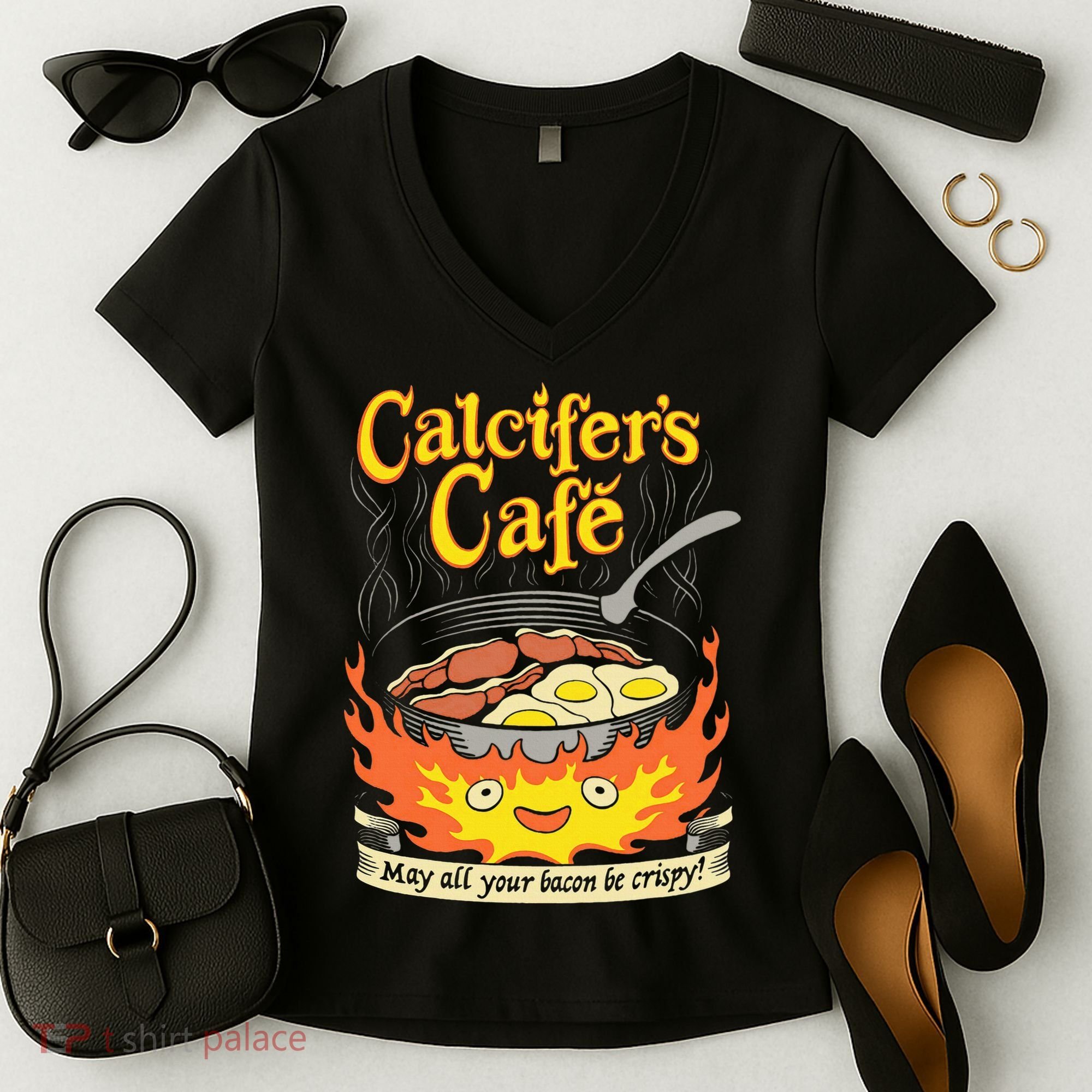 Calcifer's Cafe May All Your Bacon Eggs  Women's V-Neck T-Shirt