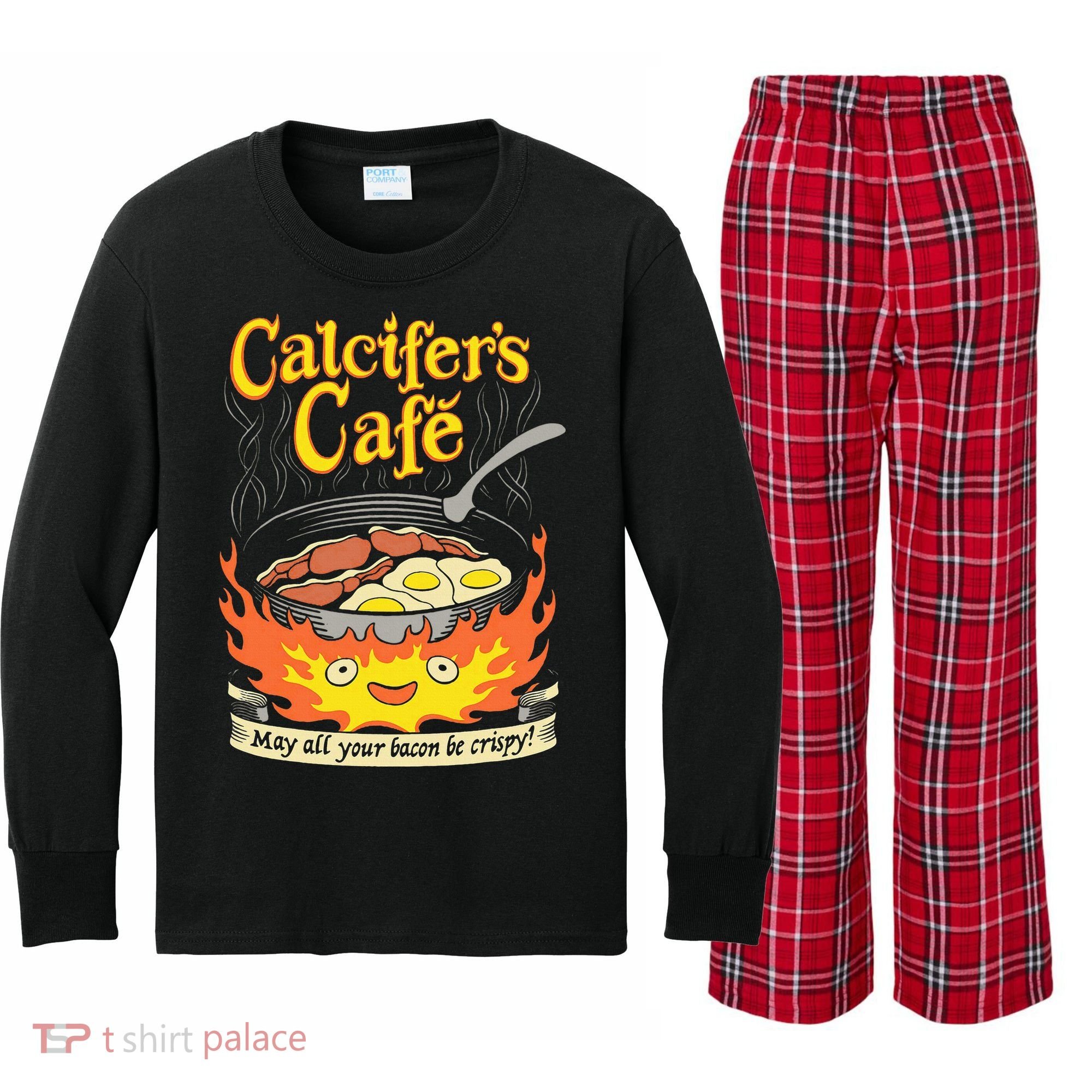 Calcifer's Cafe May All Your Bacon Eggs  Kids Long Sleeve Plaid Pajama Set