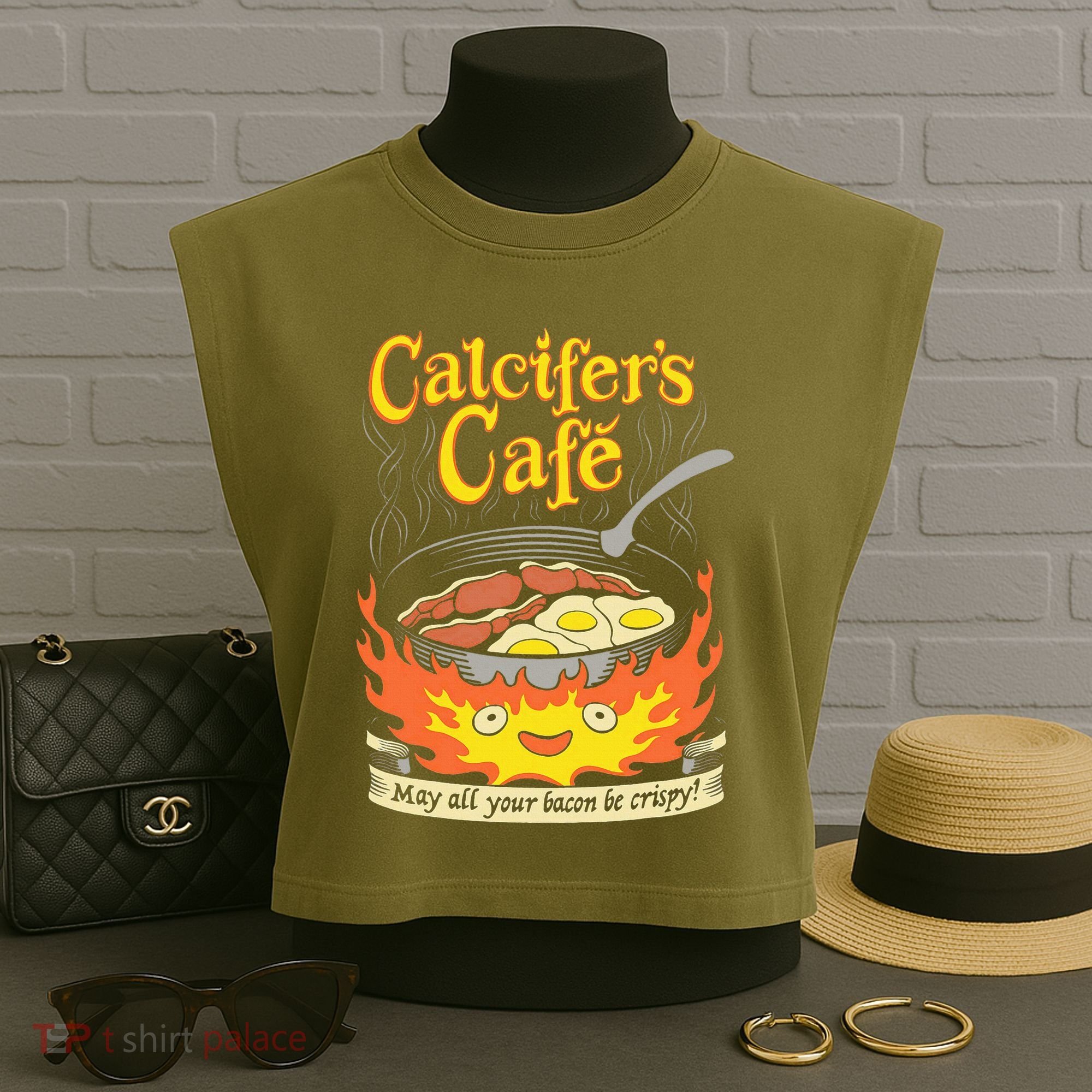 Calcifer's Cafe May All Your Bacon Eggs  Garment-Dyed Women's Muscle Tee