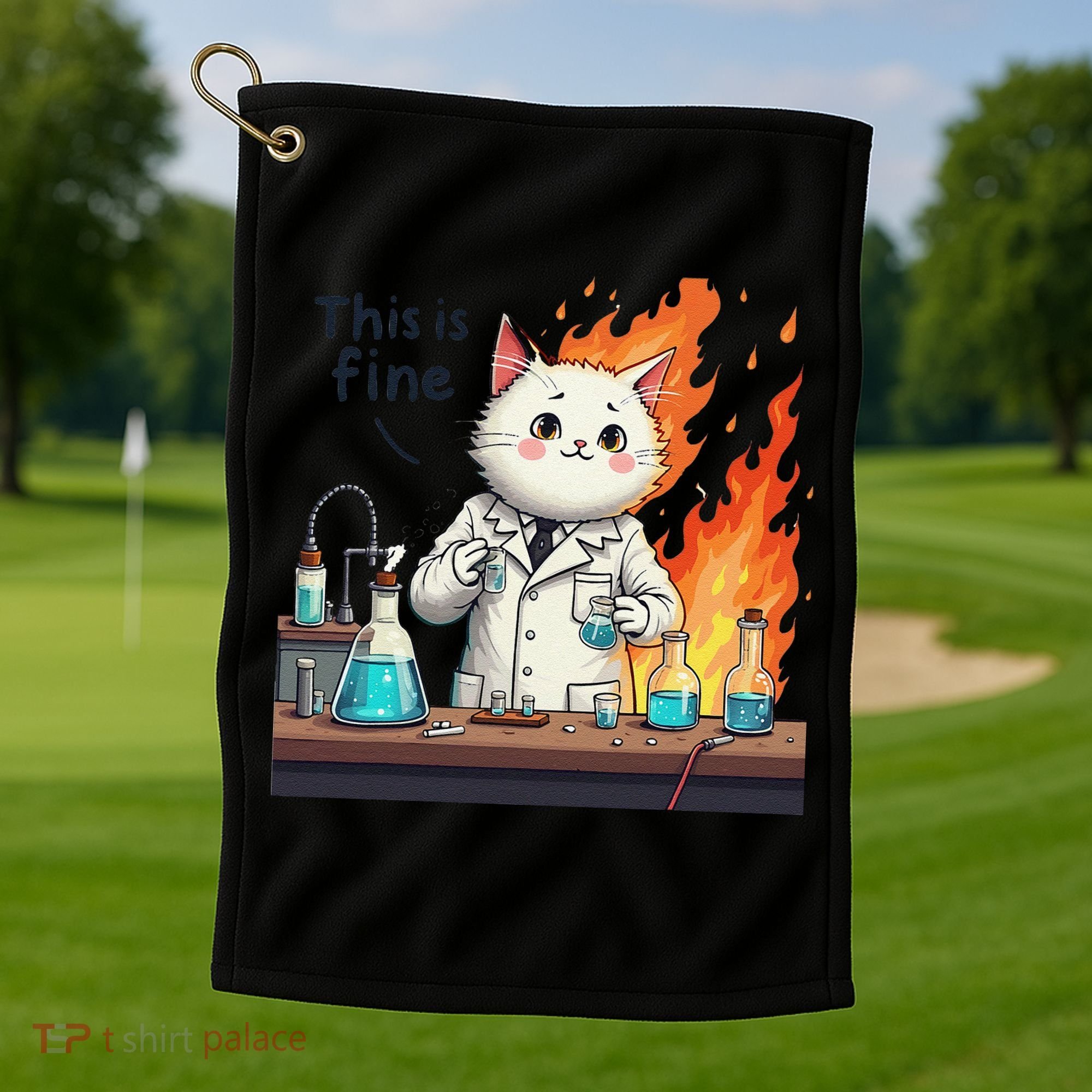 Chemistry Cat Meme This Is Fine Medical Lab Tech Lab Science Golf Towel