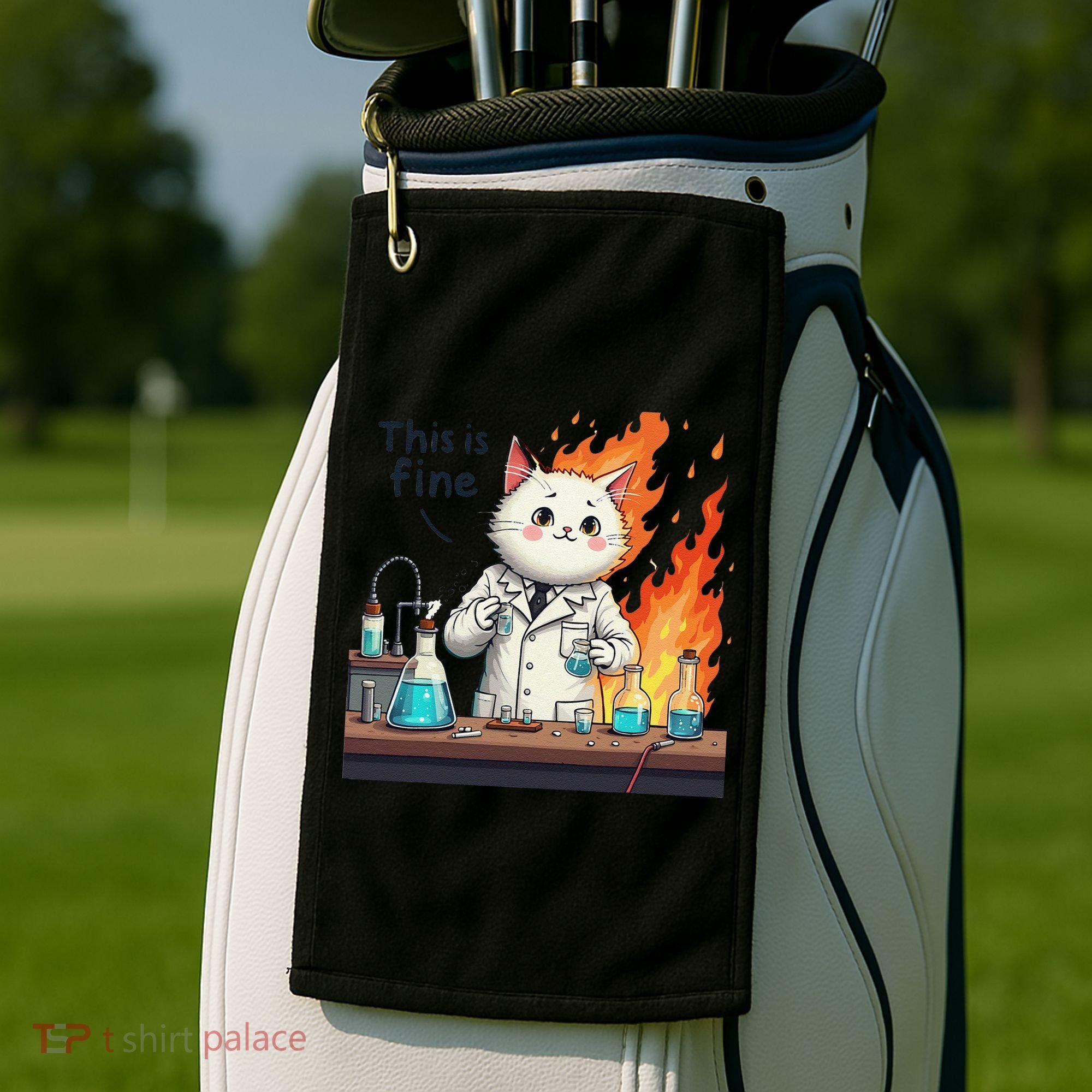 Chemistry Cat Meme This Is Fine Medical Lab Tech Lab Science Golf Towel
