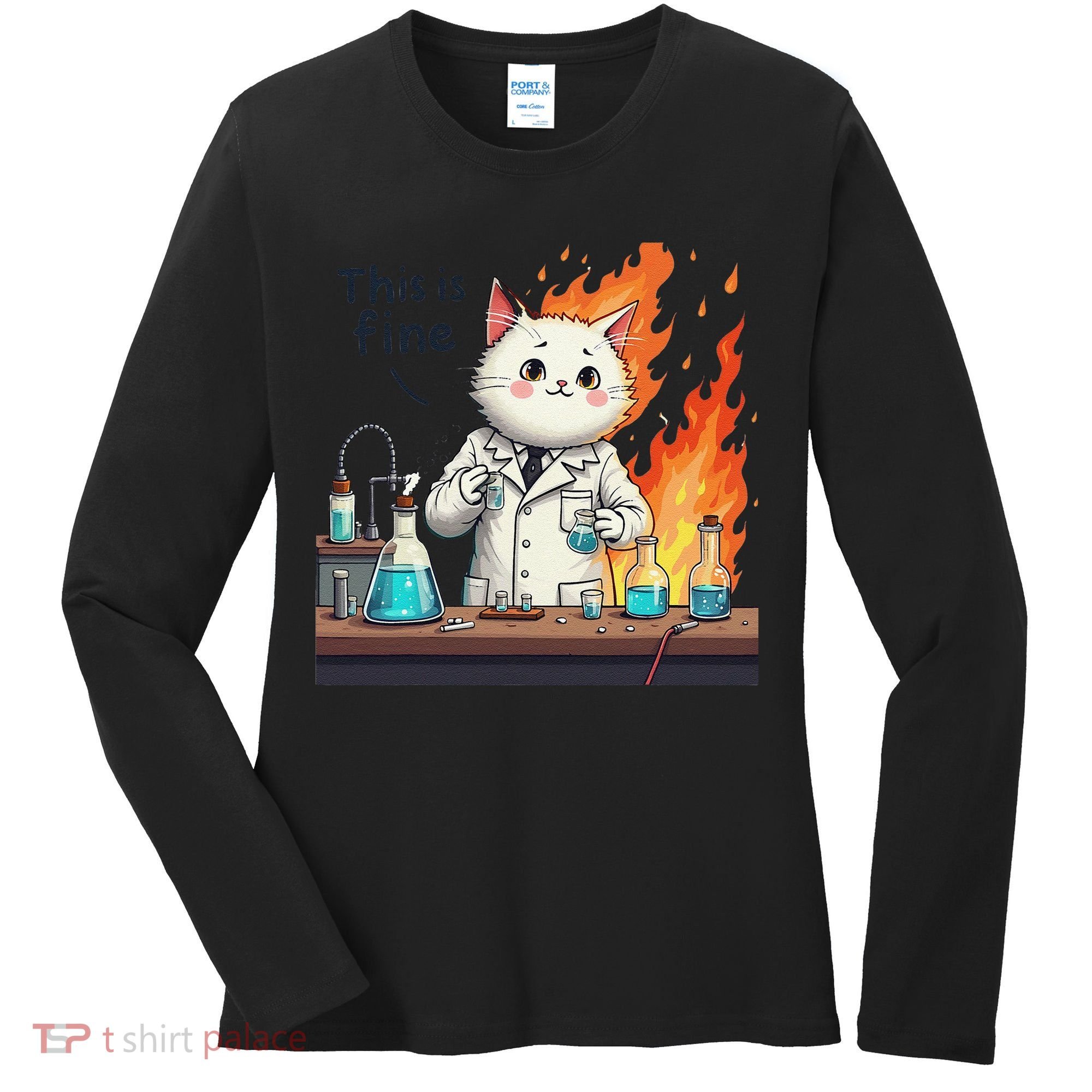 Chemistry Cat Meme This Is Fine Medical Lab Tech Lab Science Women's Long Sleeve Shirt