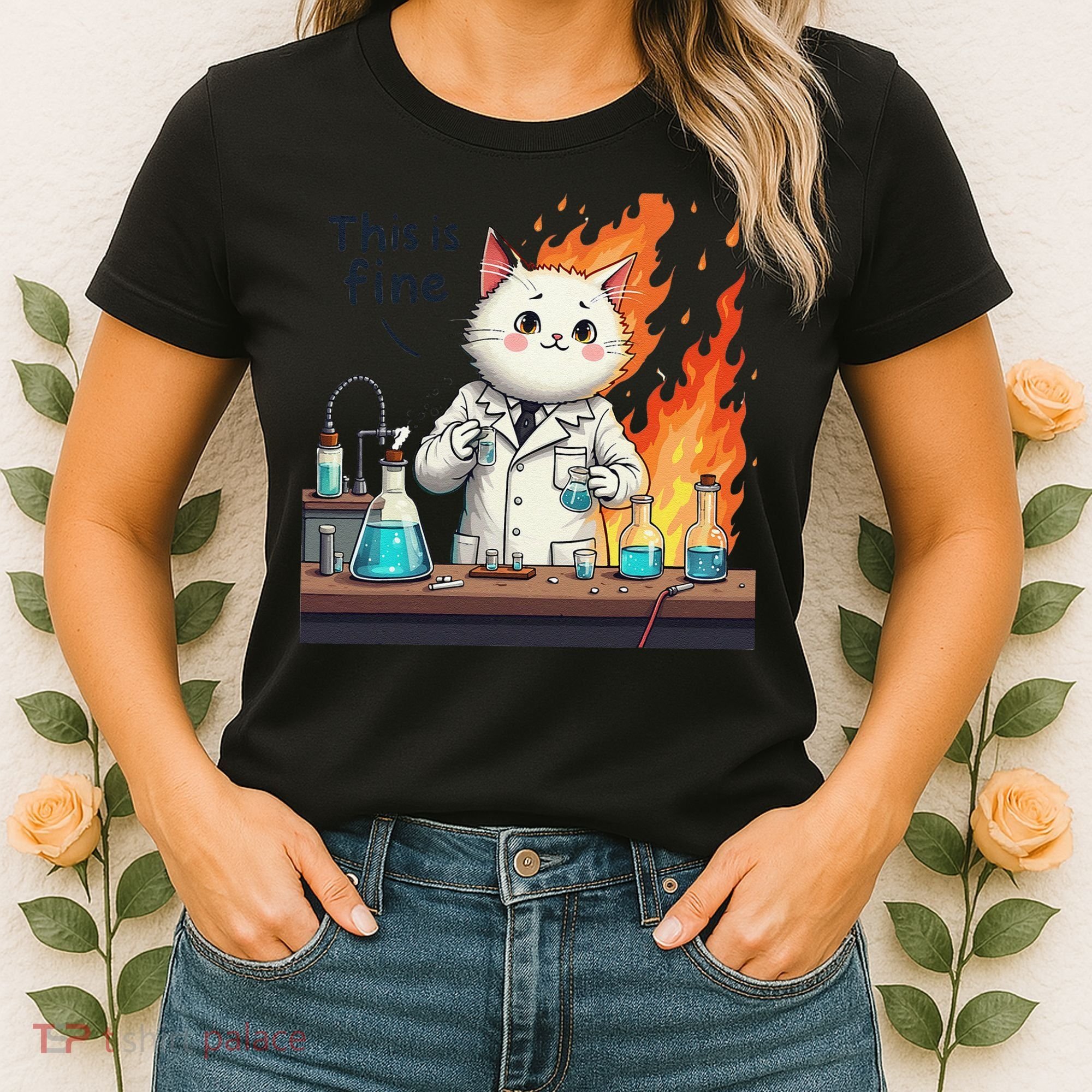 Chemistry Cat Meme This Is Fine Medical Lab Tech Lab Science Women's T-Shirt