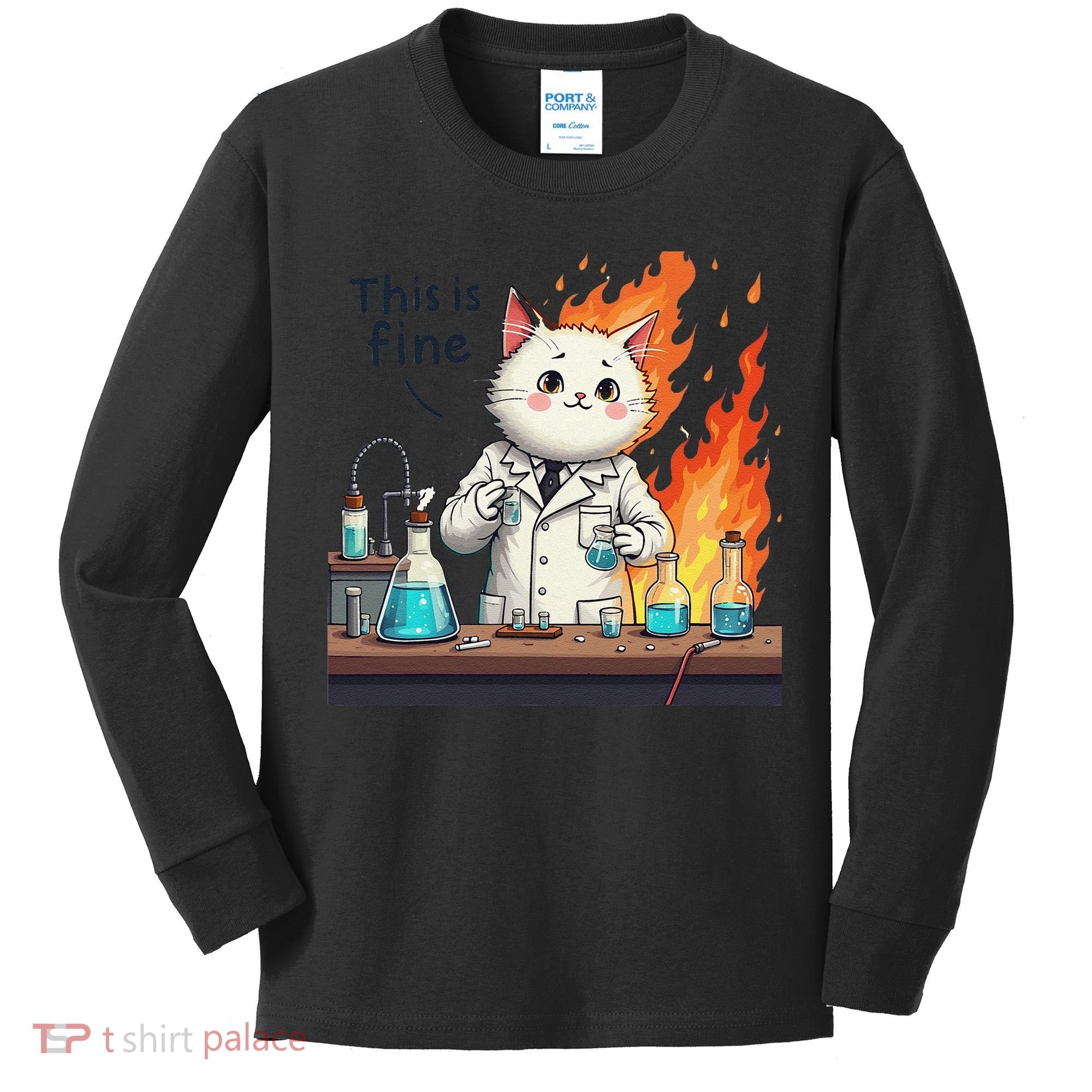 Chemistry Cat Meme This Is Fine Medical Lab Tech Lab Science Kids Long Sleeve Shirt