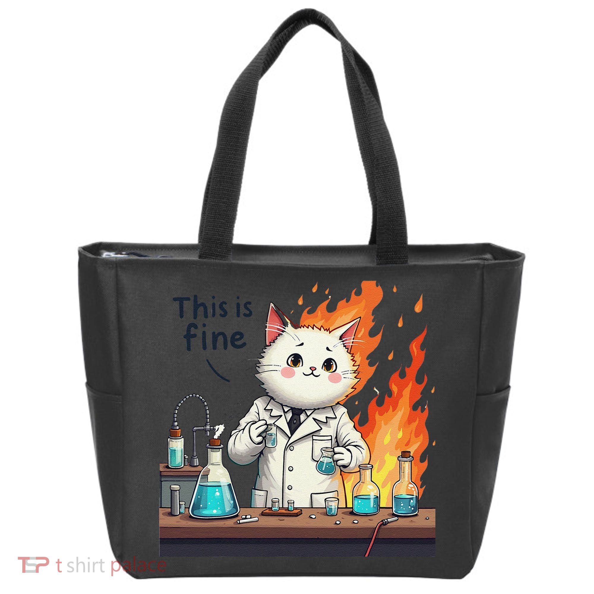 Chemistry Cat Meme This Is Fine Medical Lab Tech Lab Science Tote Bag