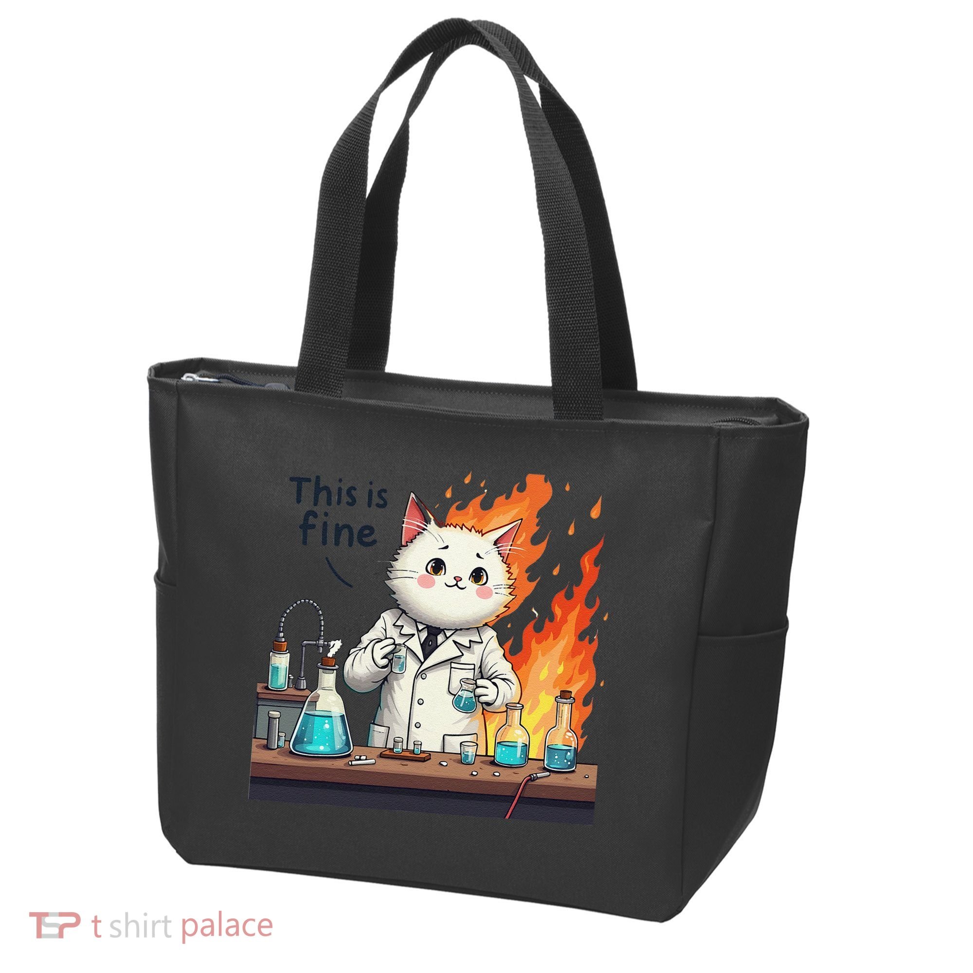 Chemistry Cat Meme This Is Fine Medical Lab Tech Lab Science Tote Bag