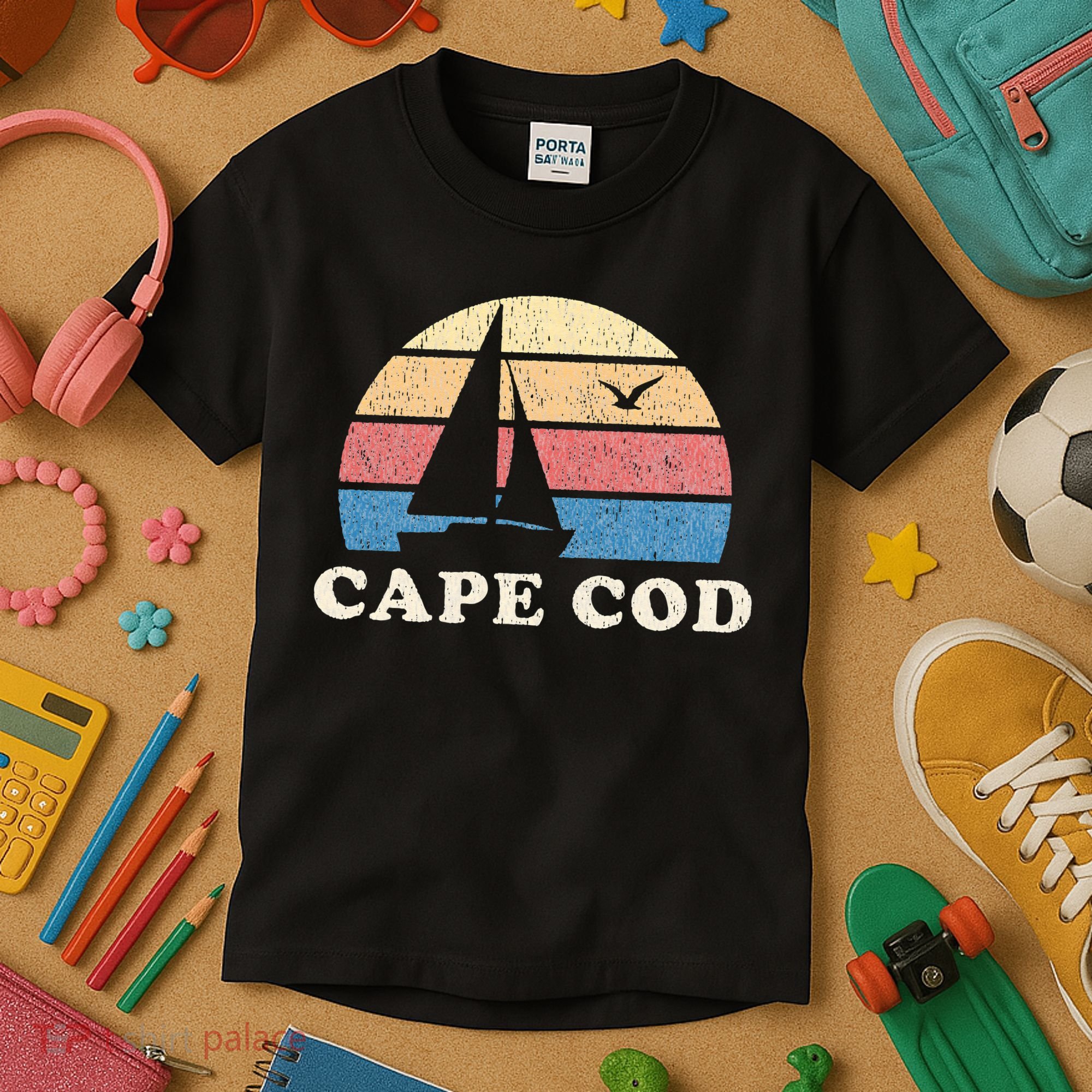 Cape Cod MA Vintage Sailboat 70s Throwback Sunset Kids T-Shirt