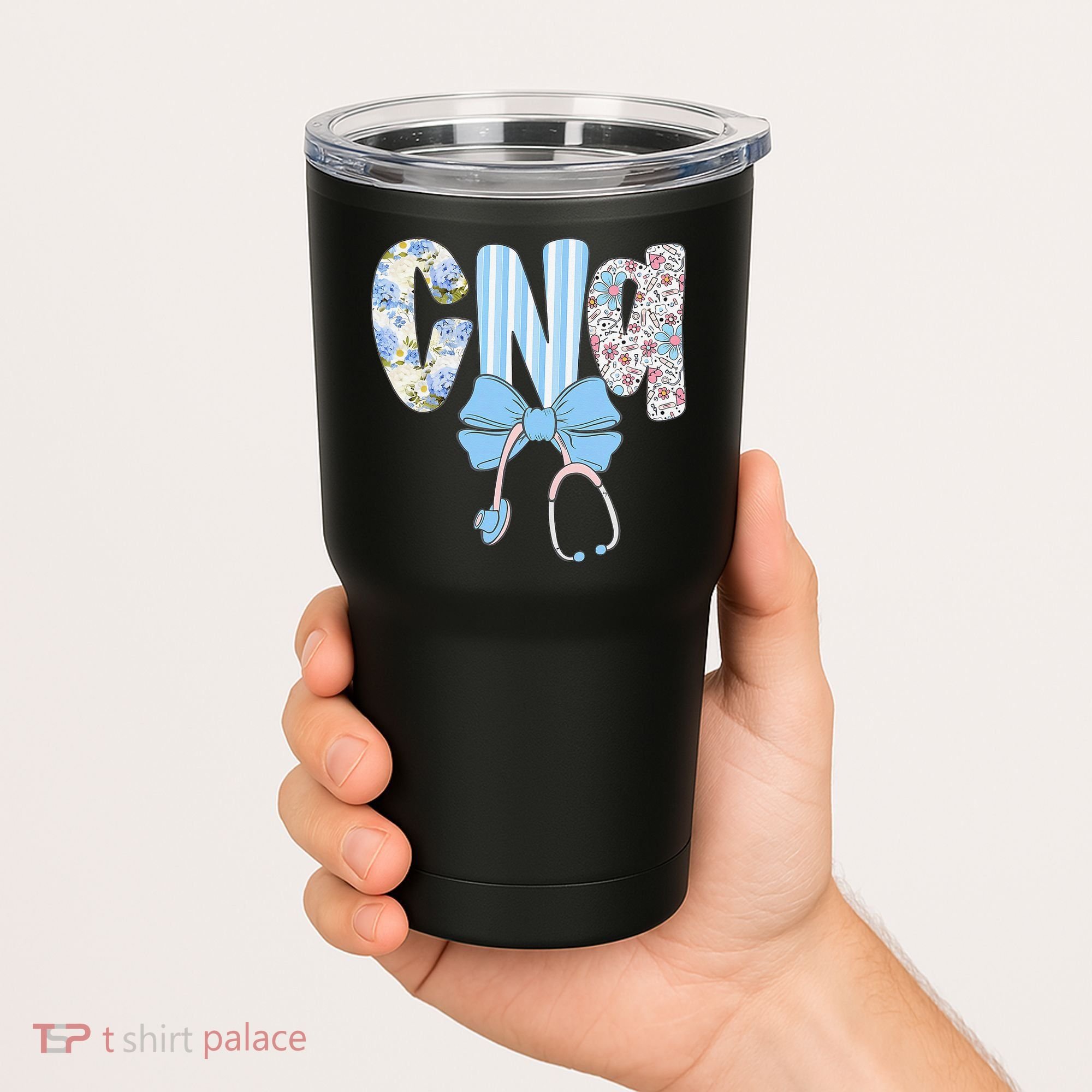 Coquette CNA Nurse Blue Floral Stethoscope Bow Cute Nurse Tumbler