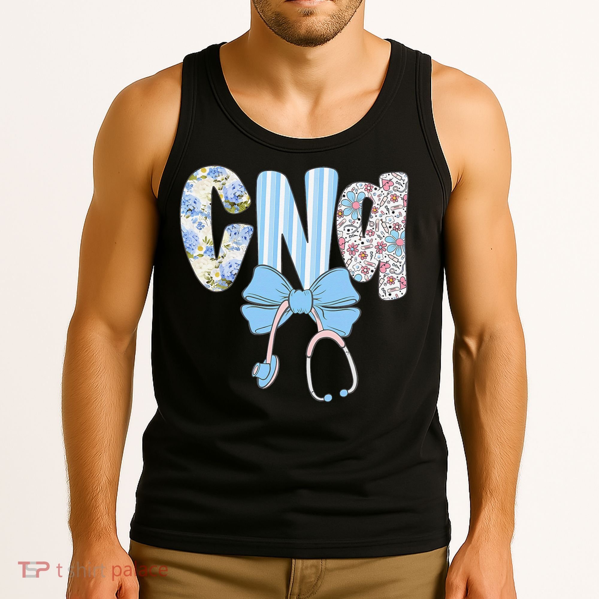 Coquette CNA Nurse Blue Floral Stethoscope Bow Cute Nurse Tank Top