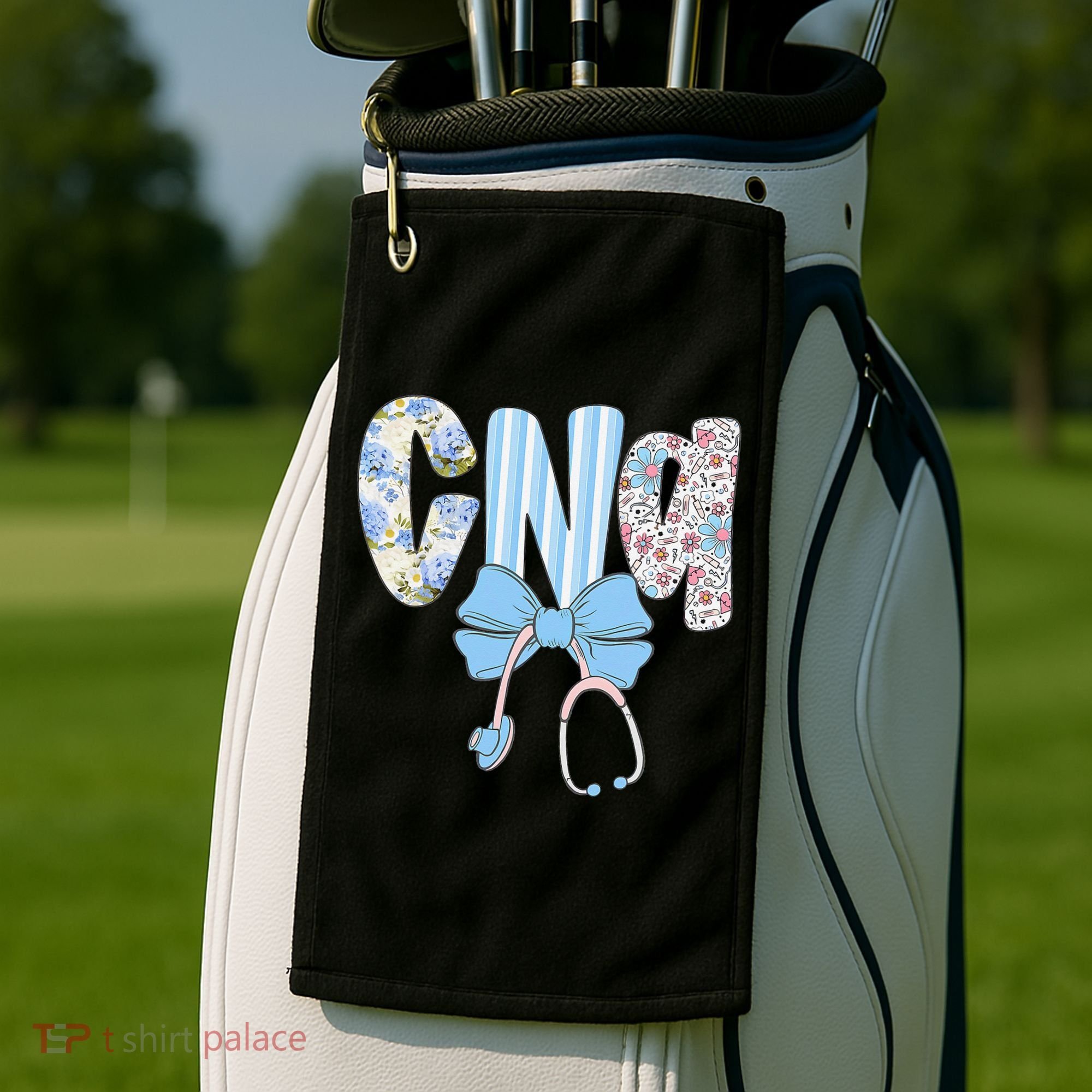 Coquette CNA Nurse Blue Floral Stethoscope Bow Cute Nurse Golf Towel
