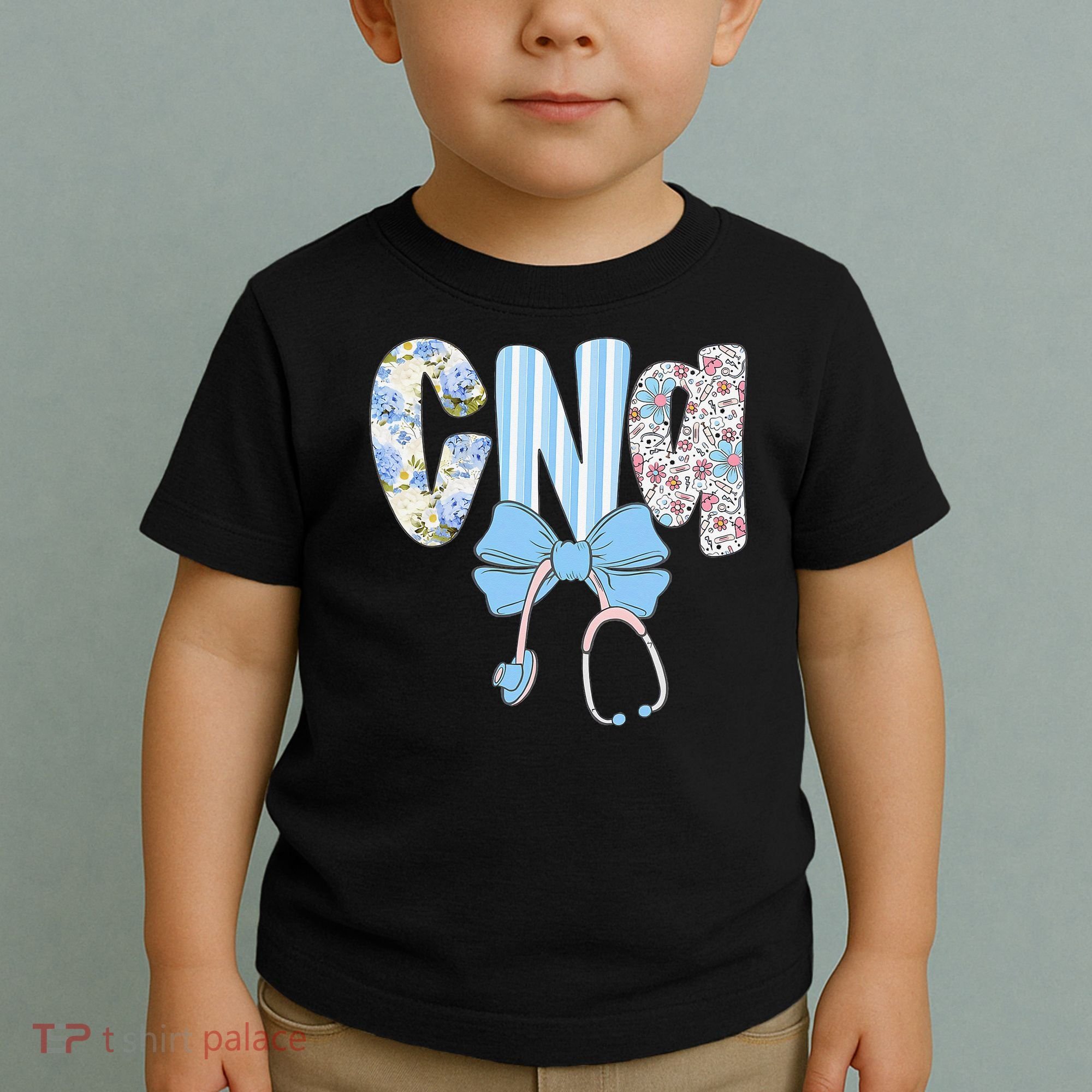 Coquette CNA Nurse Blue Floral Stethoscope Bow Cute Nurse Toddler T-Shirt