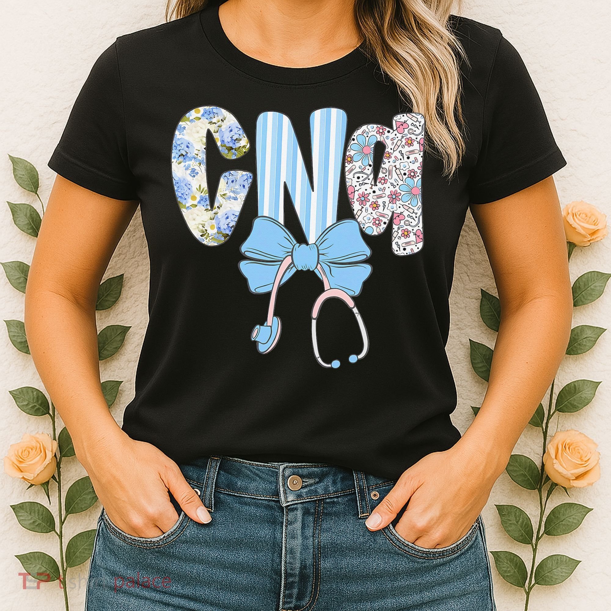 Coquette CNA Nurse Blue Floral Stethoscope Bow Cute Nurse Women's T-Shirt