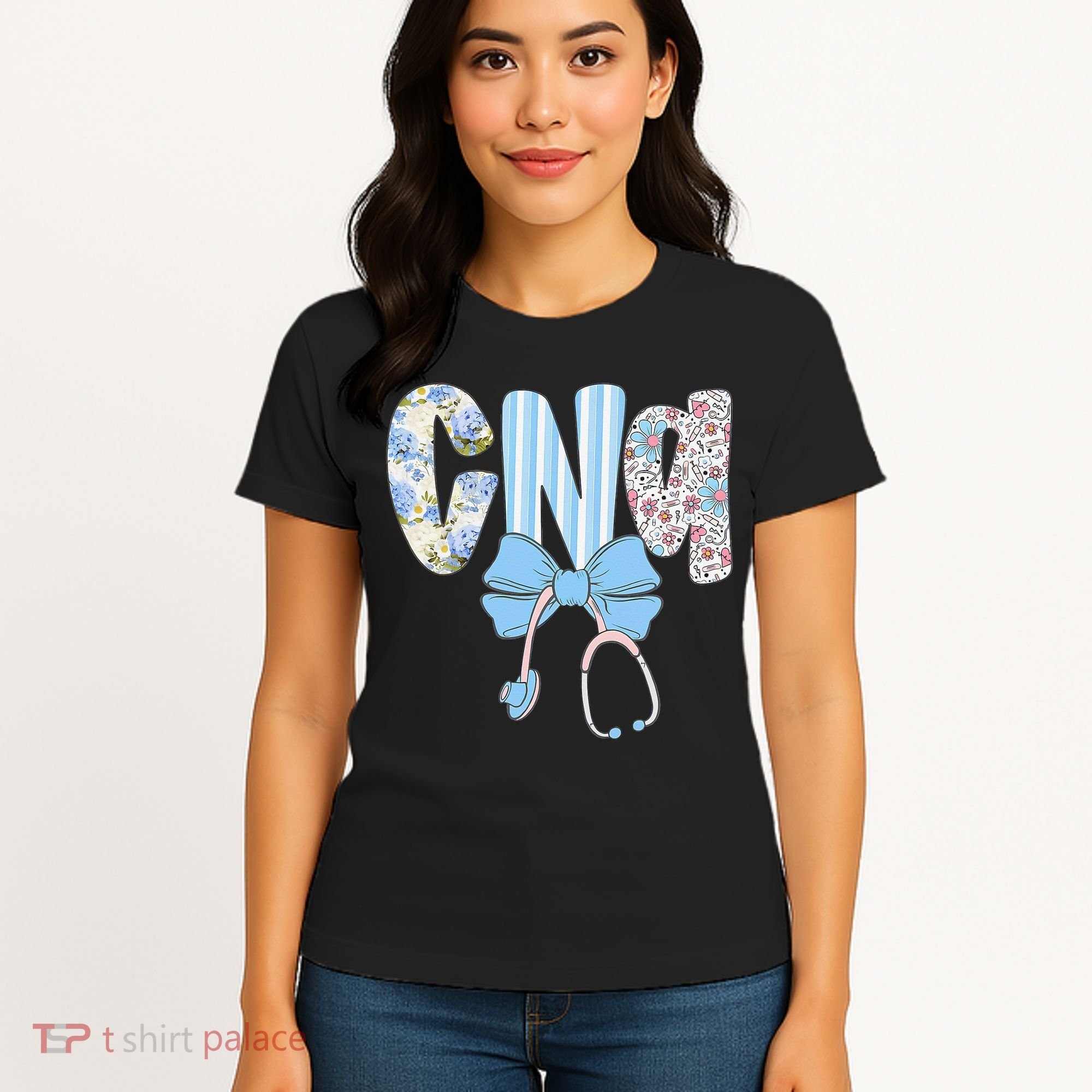 Coquette CNA Nurse Blue Floral Stethoscope Bow Cute Nurse Women's T-Shirt
