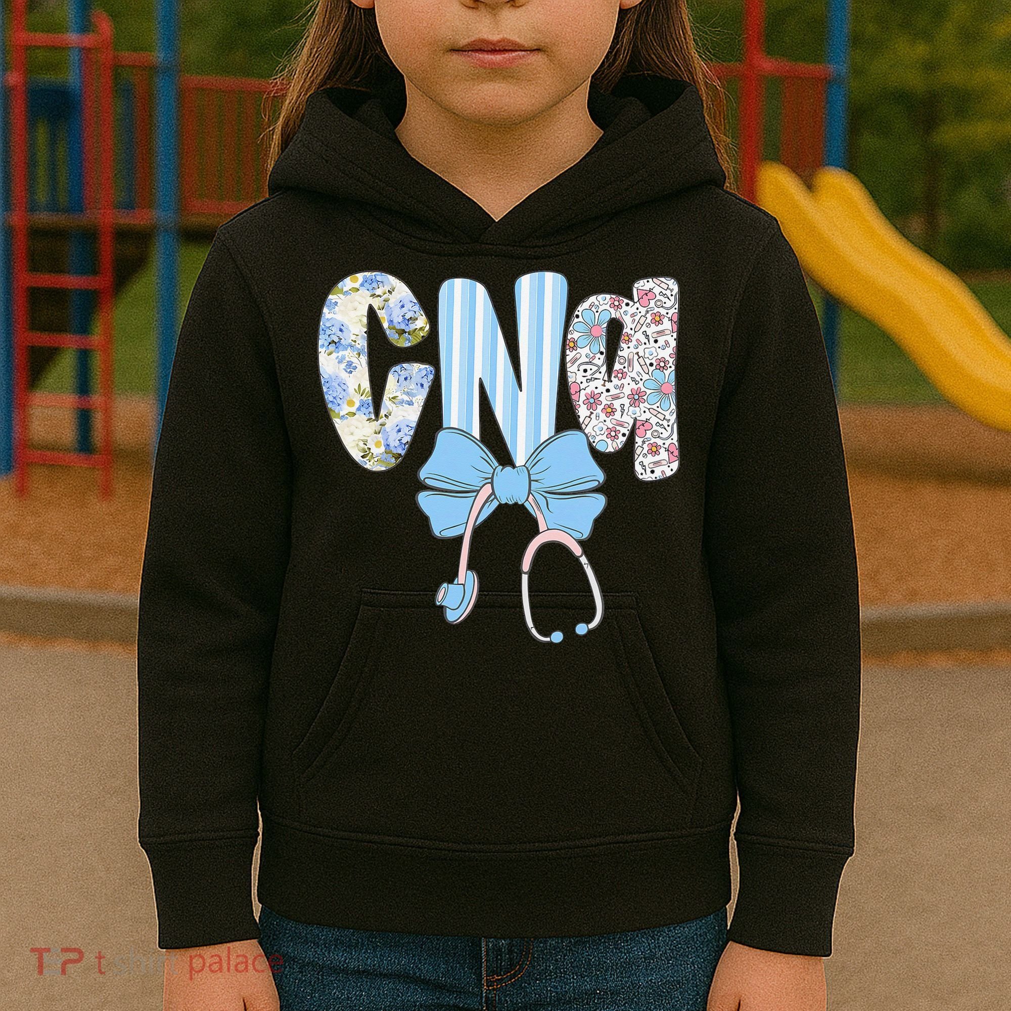 Coquette CNA Nurse Blue Floral Stethoscope Bow Cute Nurse Kids Hoodie