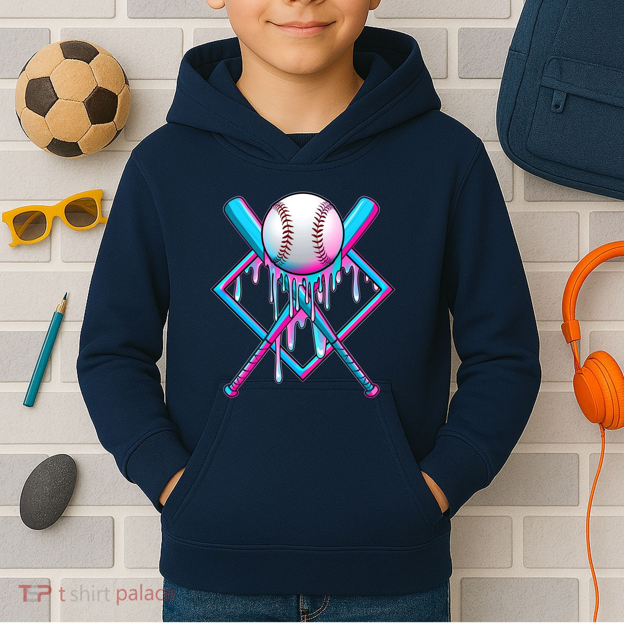 Cool Cute Neon Paint Baseball Bat Ball Diamond Kids Hoodie
