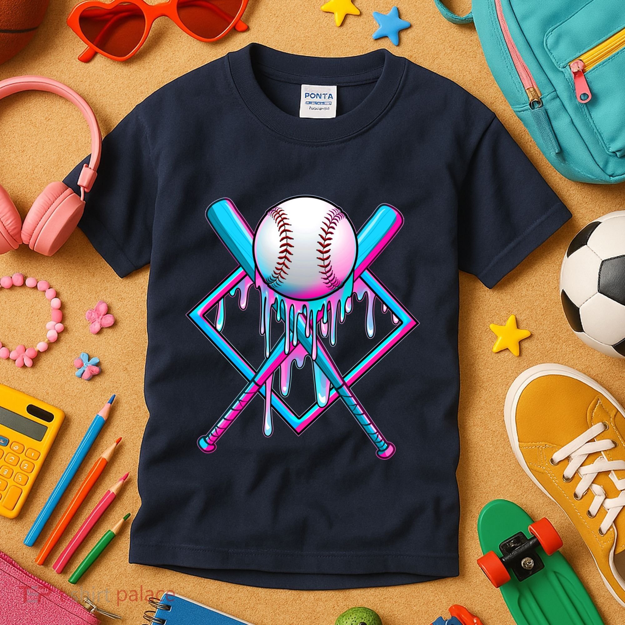 Cool Cute Neon Paint Baseball Bat Ball Diamond Kids T-Shirt