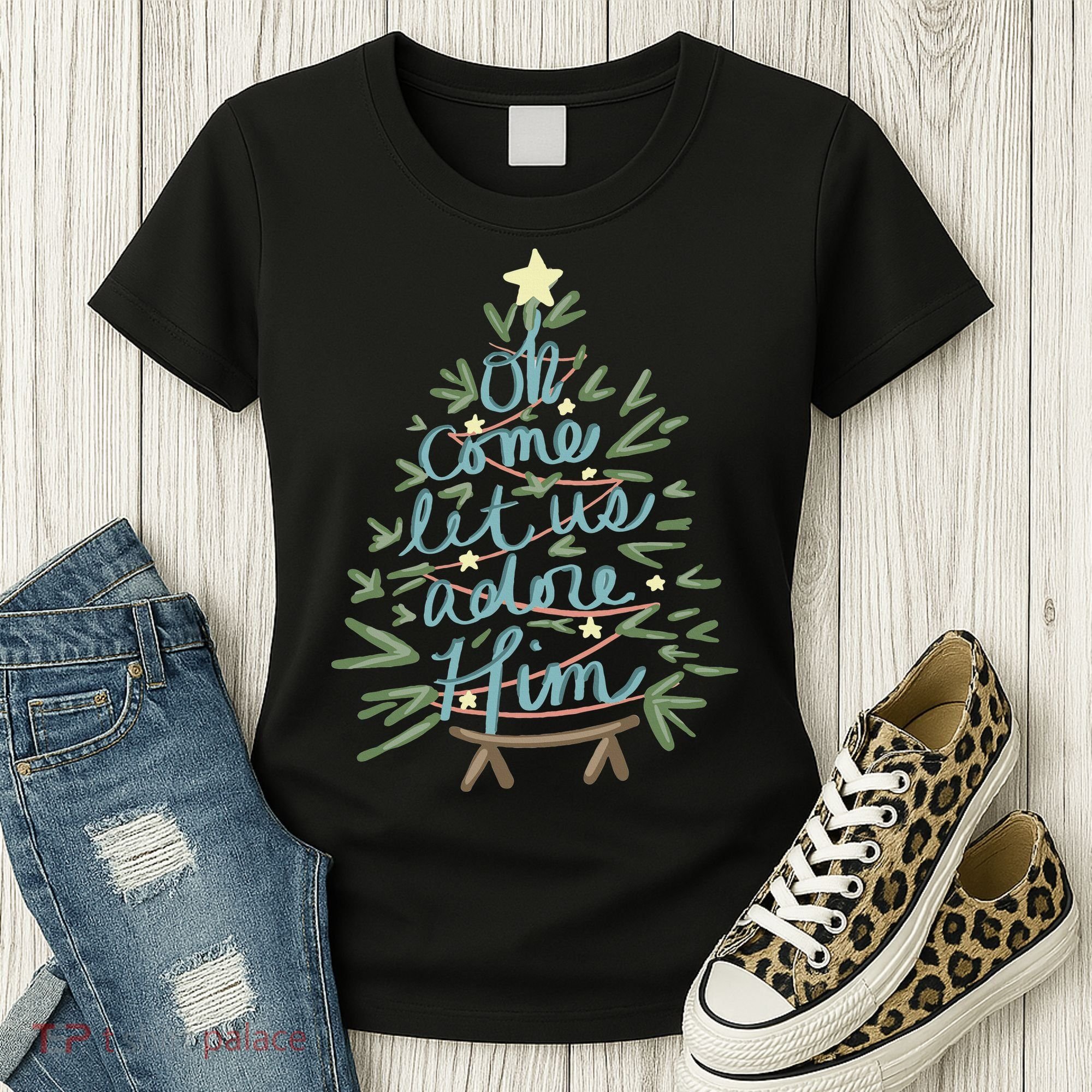 Christian Christ Nativity Christmas Oh Come Let Us Adore Him Women's T-Shirt