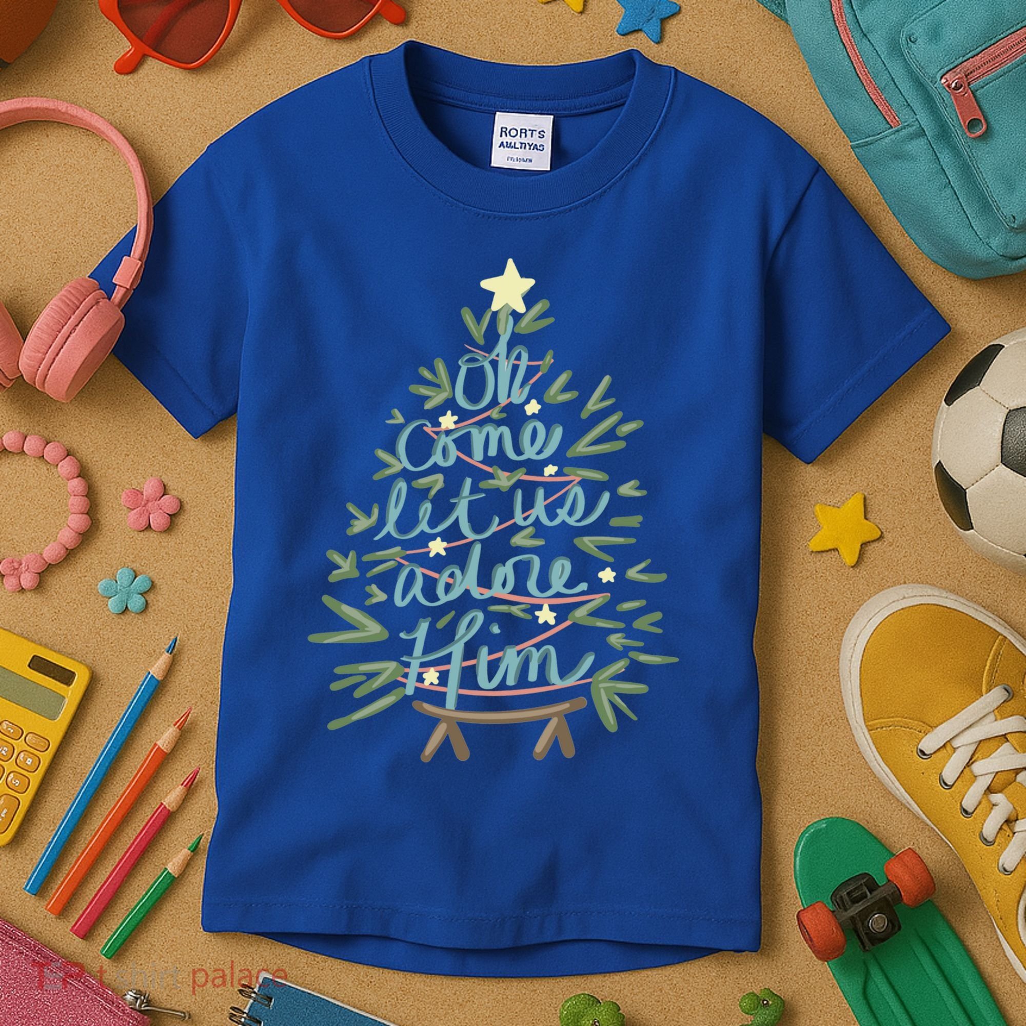 Christian Christ Nativity Christmas Oh Come Let Us Adore Him Great Gift Kids T-Shirt
