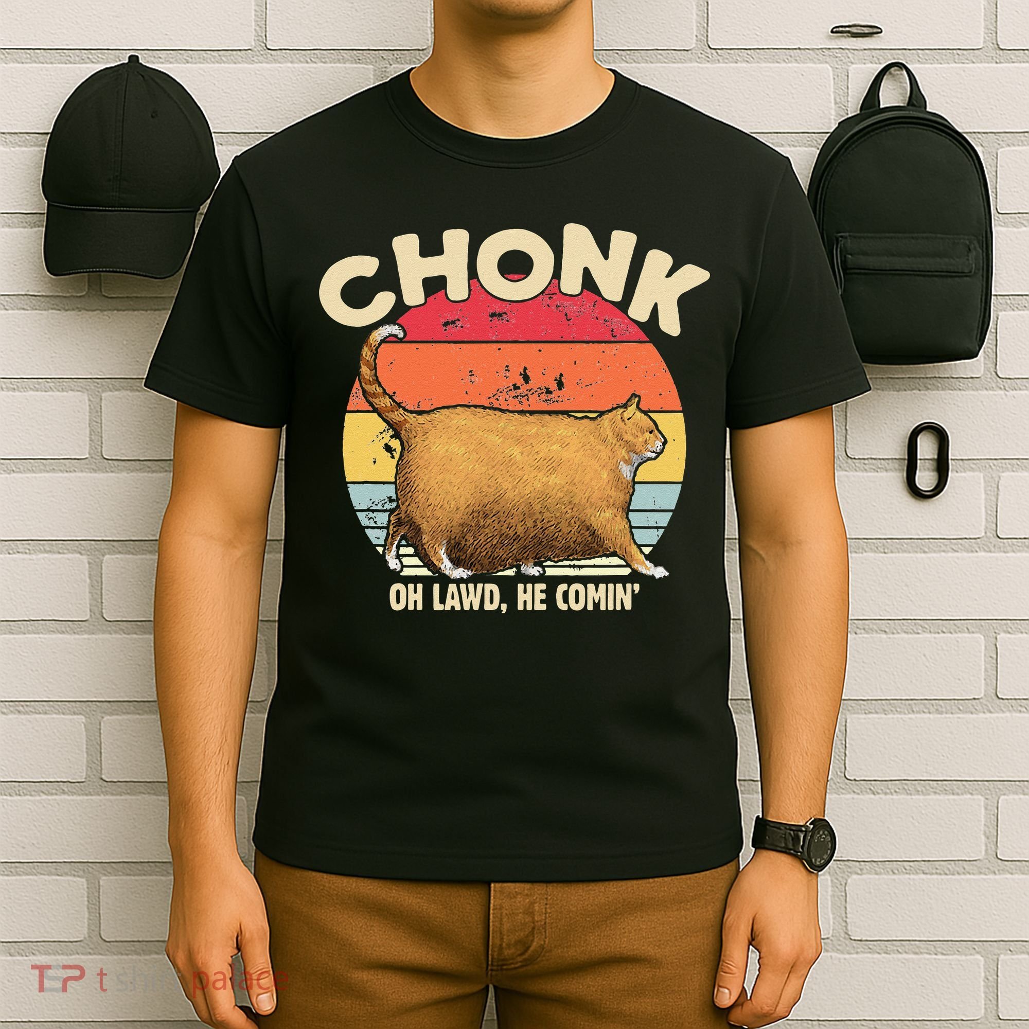Chonk Cat Oh Lawd He Comin Funny Cat Meme Vintage Style T-Shirt