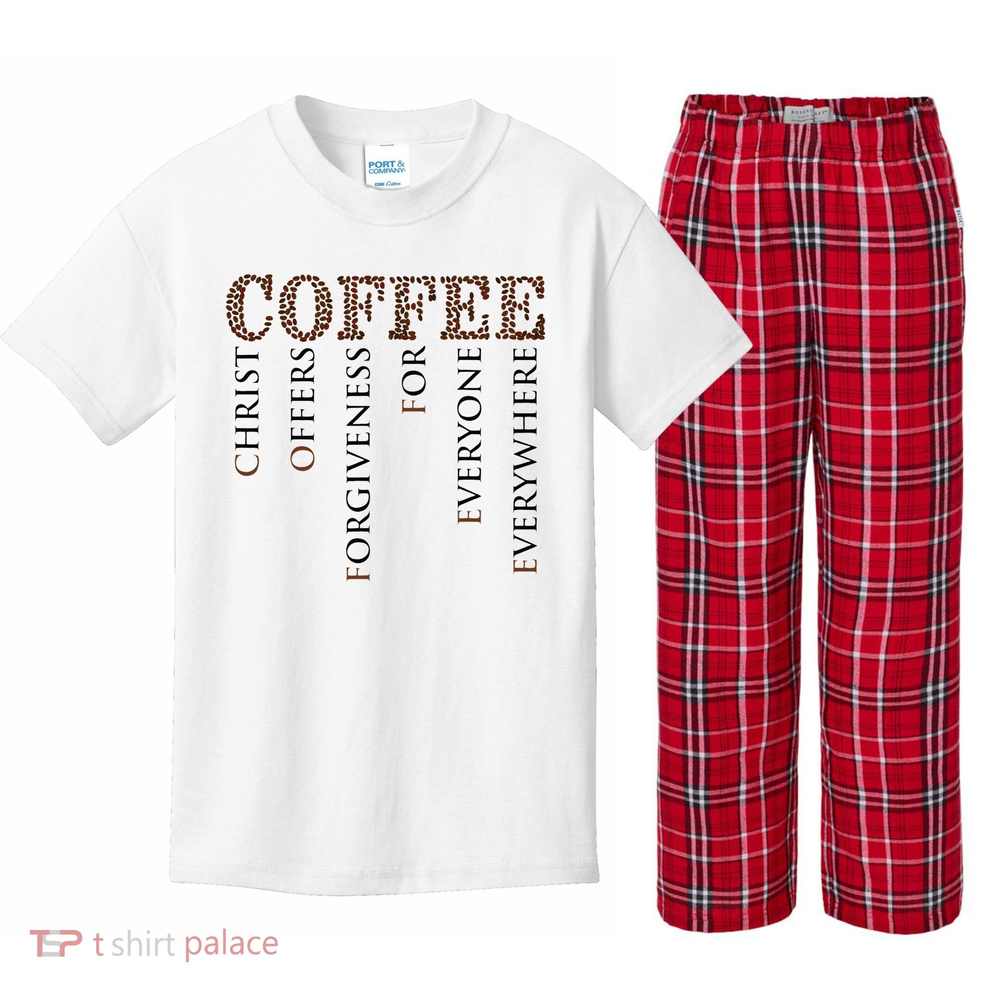 Coffee Christ Offers Forgiveness For Everyone Everywhere Kids Plaid Pajama Set