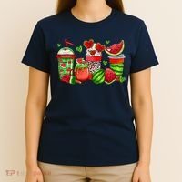 Cute Cups Of Iced Coffee Watermelon Tropical Summer Vacation T-Shirt thumb 4