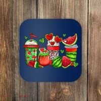 Cute Cups Of Iced Coffee Watermelon Tropical Summer Vacation Coaster thumb 0