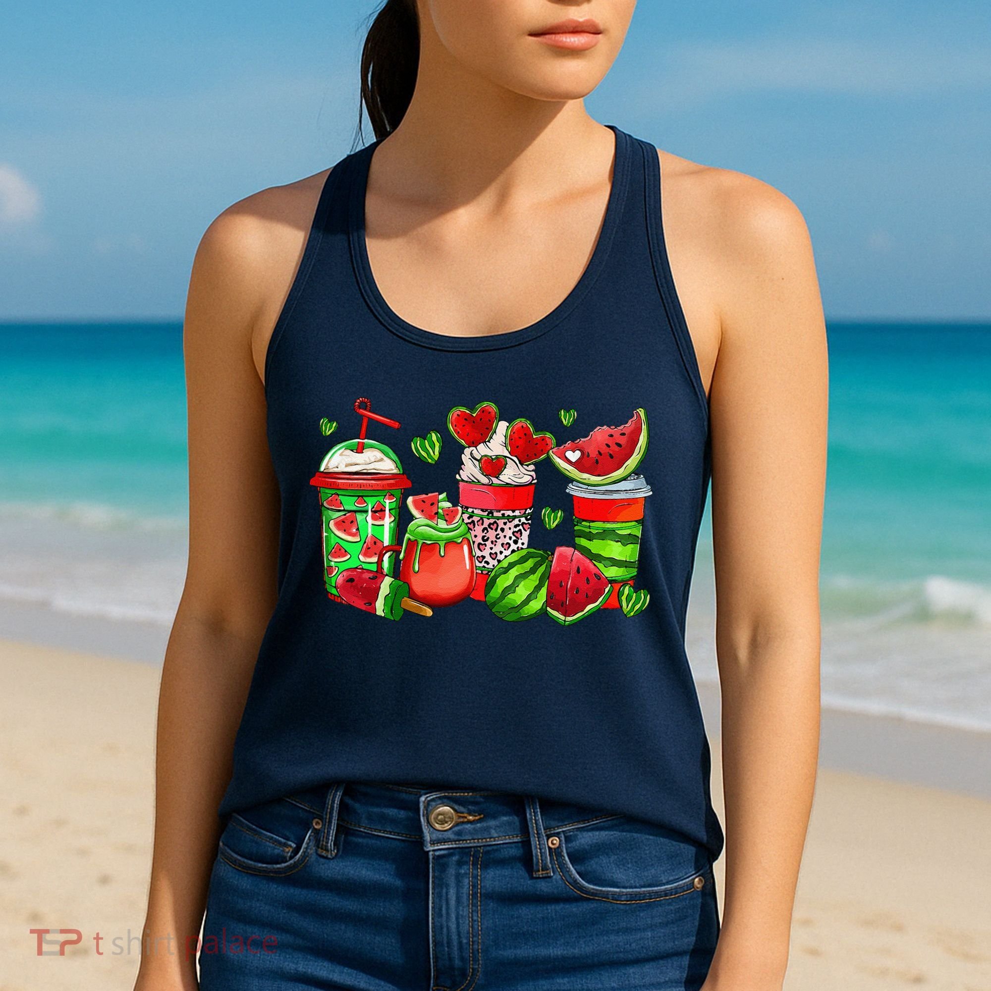 Cute Cups Of Iced Coffee Watermelon Tropical Summer Vacation Women's Tank Top