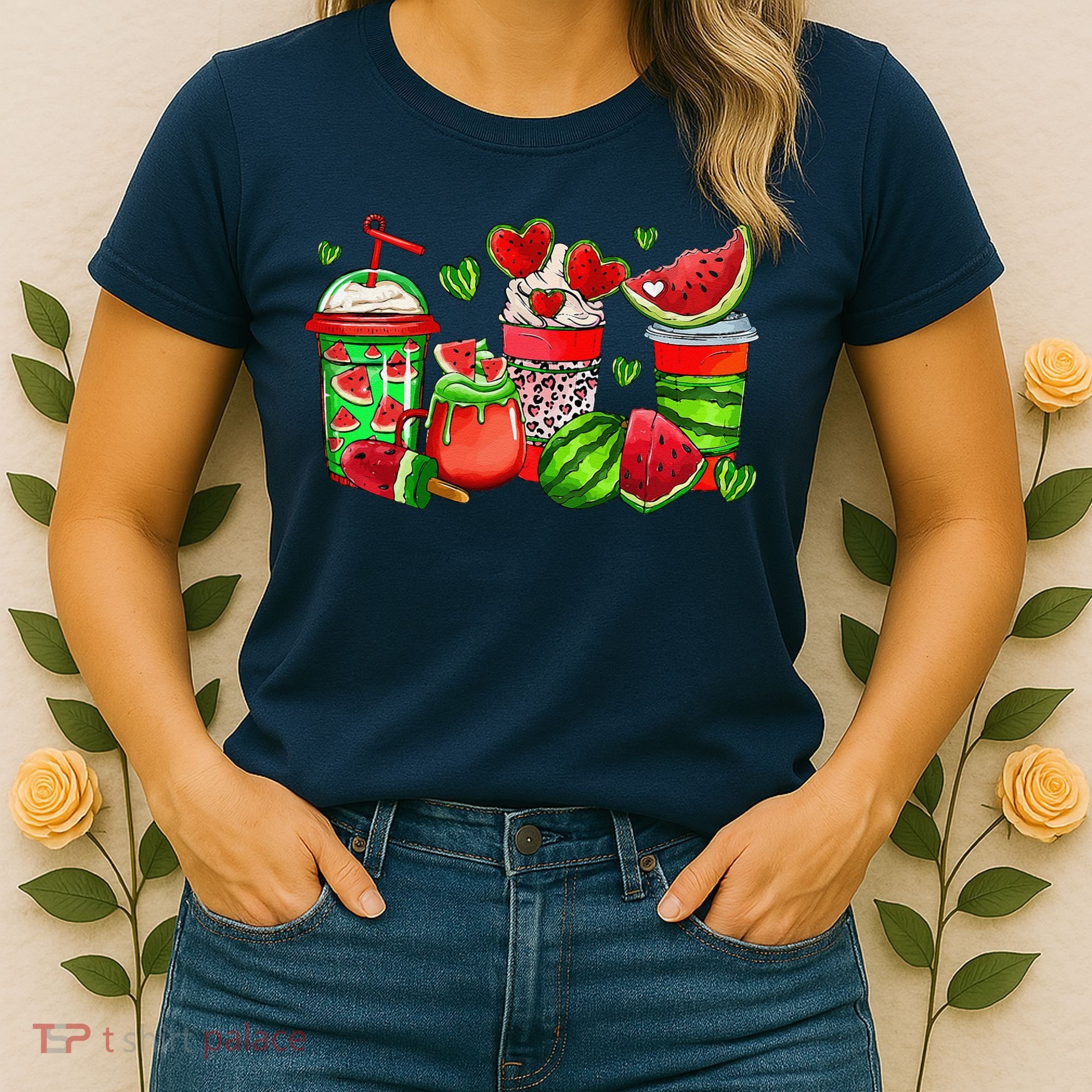 Cute Cups Of Iced Coffee Watermelon Tropical Summer Vacation Women's T-Shirt