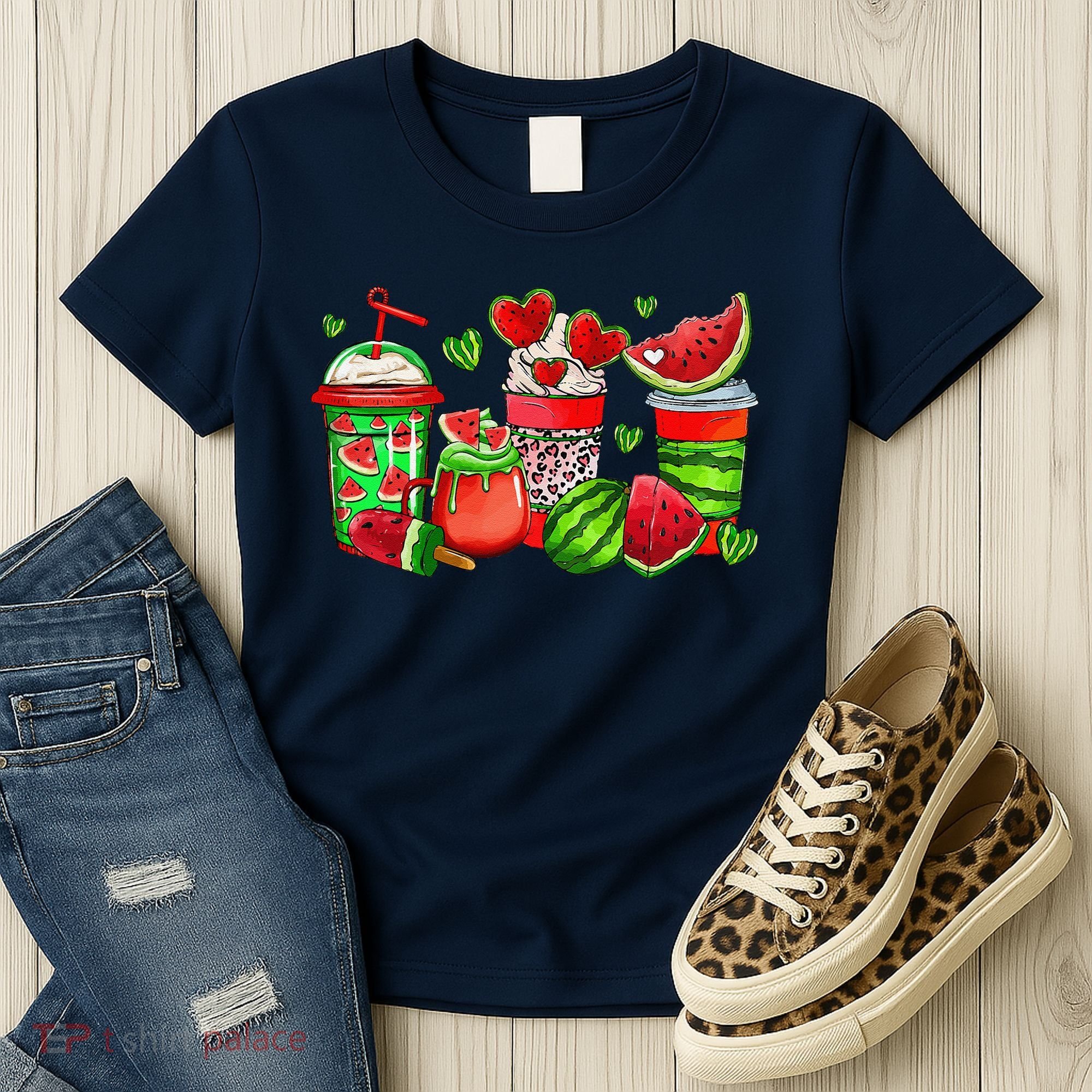 Cute Cups Of Iced Coffee Watermelon Tropical Summer Vacation Women's T-Shirt
