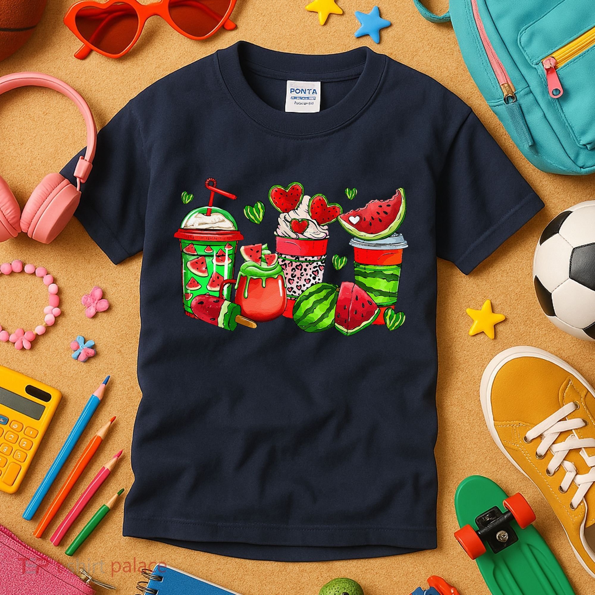 Cute Cups Of Iced Coffee Watermelon Tropical Summer Vacation Kids T-Shirt