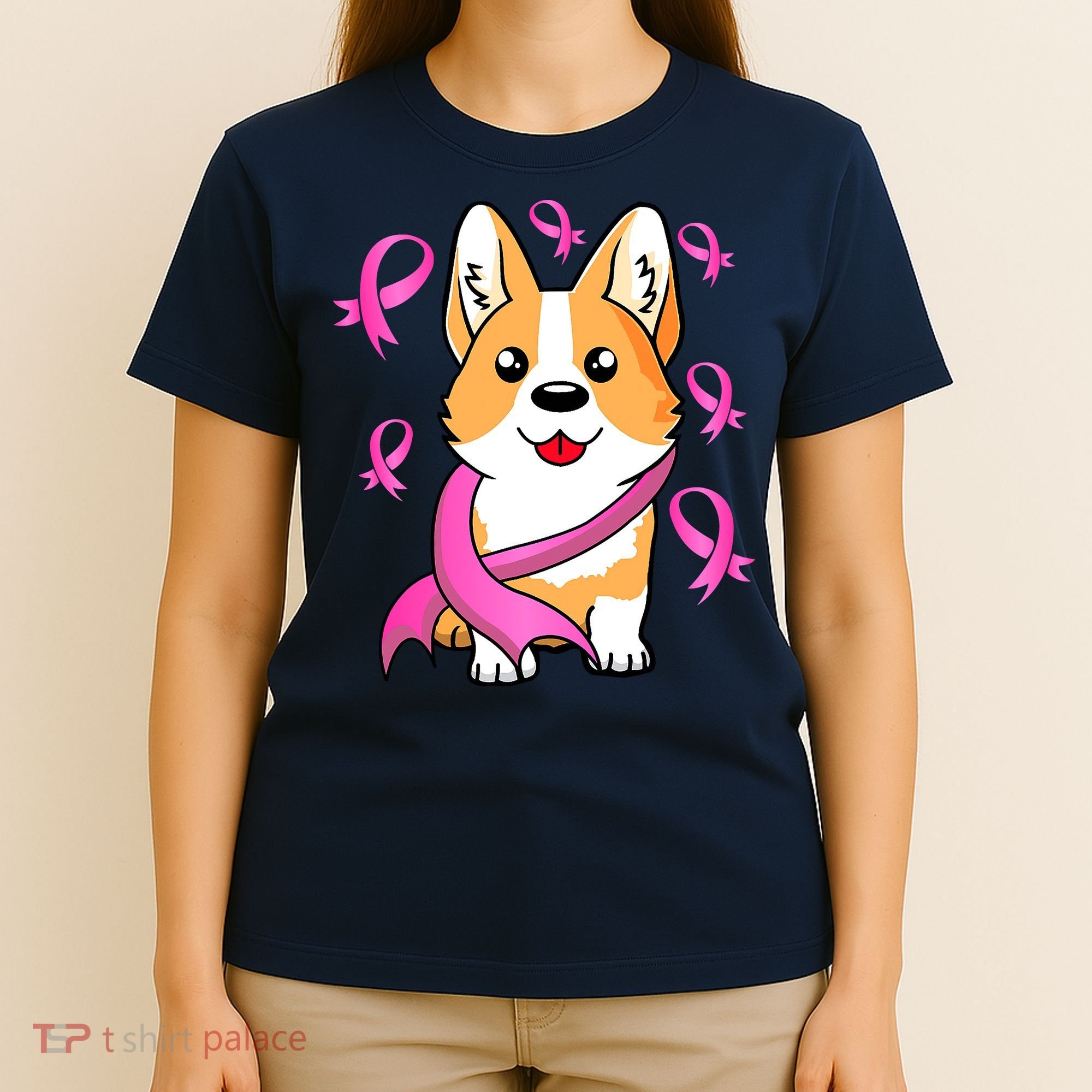 Cute Corgi Puppy Dog Breast Cancer Awareness Pink Ribbon T-Shirt