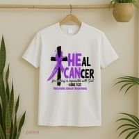 Christian Cross Pancreatic Cancer Awareness Purple Ribbon T-Shirt thumb 2