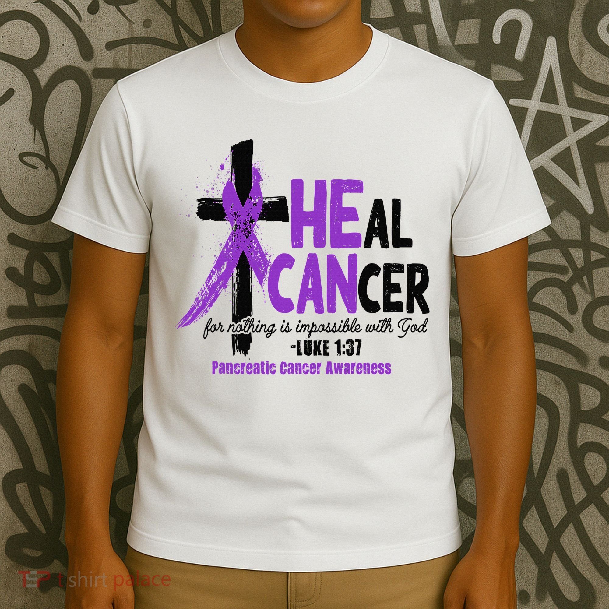 Christian Cross Pancreatic Cancer Awareness Purple Ribbon T-Shirt