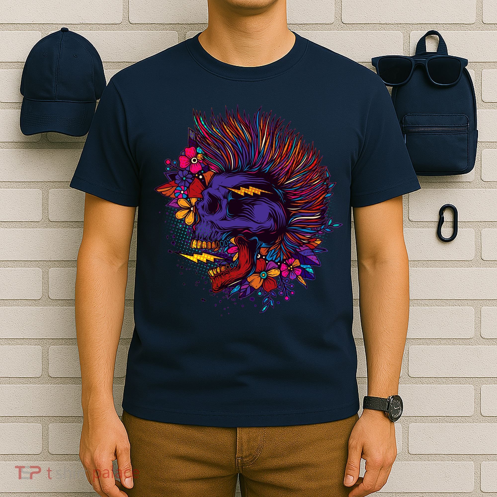 Cool Colorful Punk Mohawk Skull T-Shirt