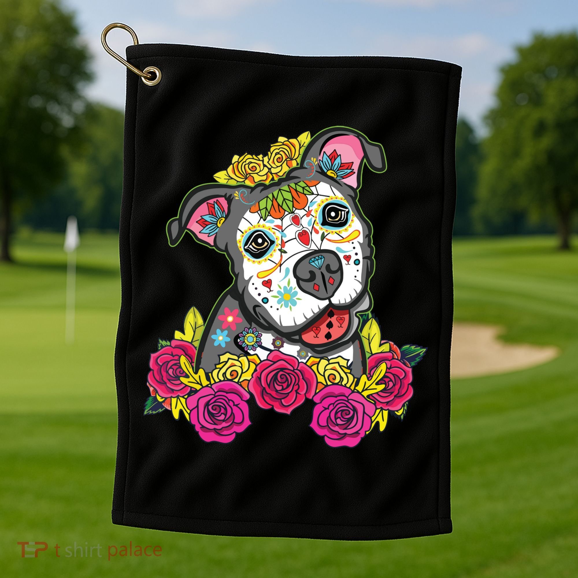 Cute Calavera Perro Dia De Los Muertos Halloween Dog Golf Towel