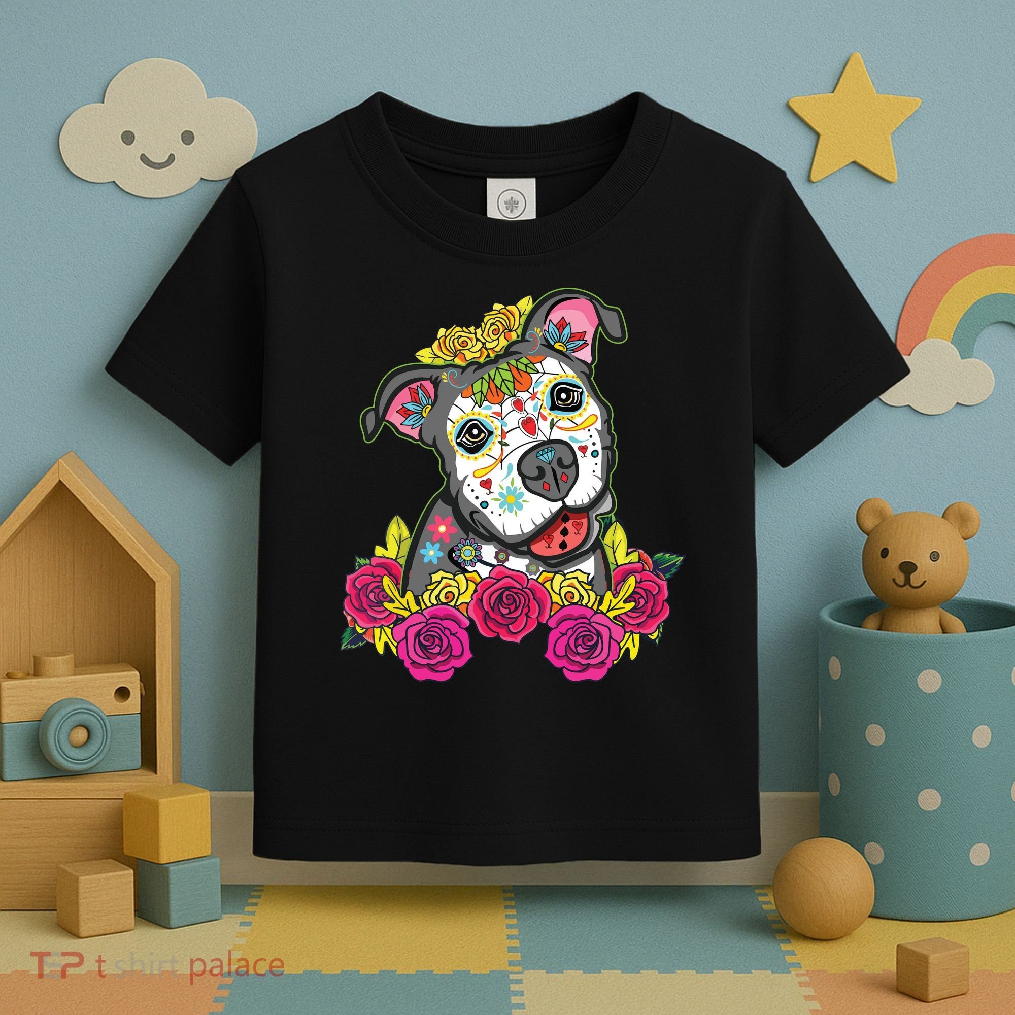 Cute Calavera Perro Dia De Los Muertos Halloween Dog Toddler T-Shirt