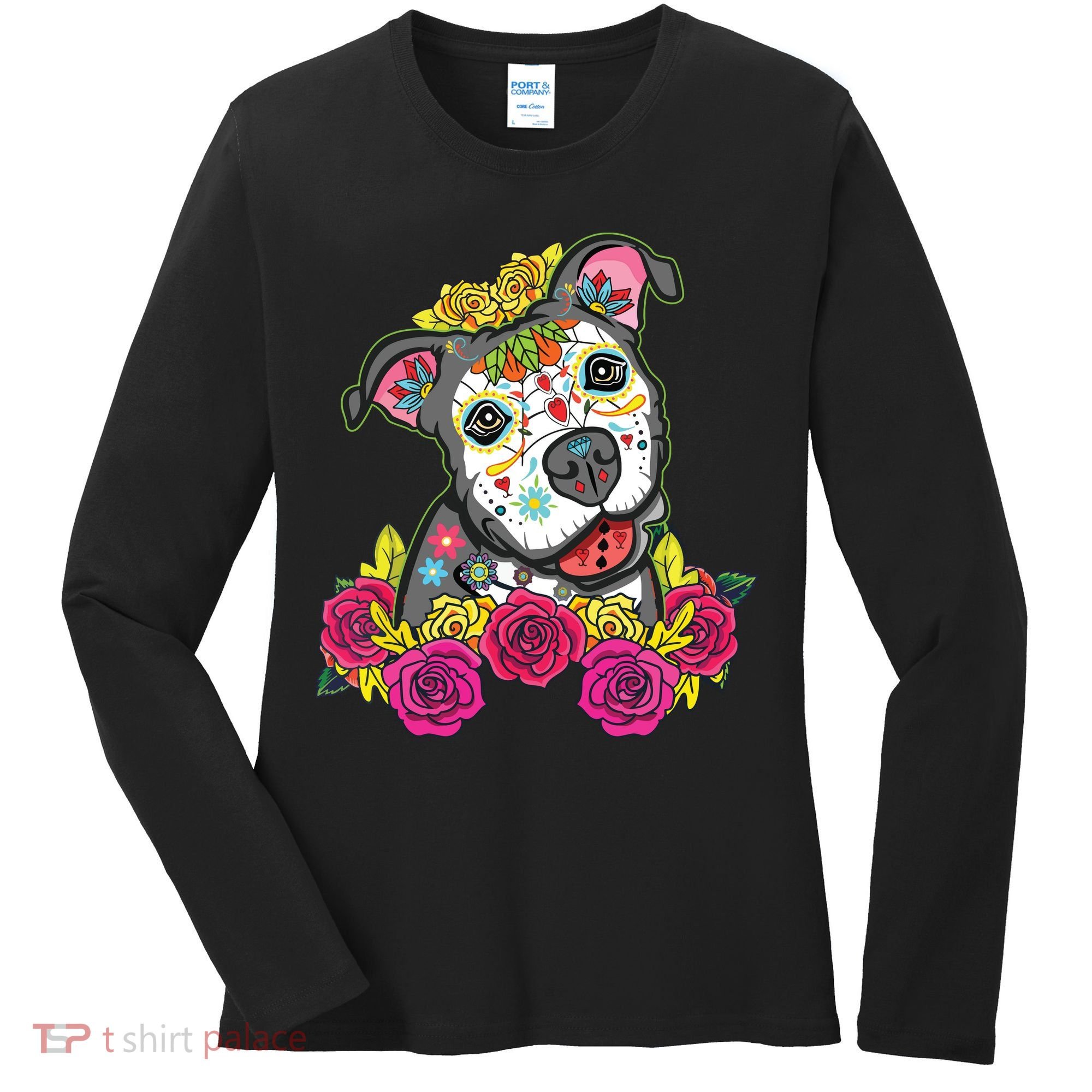 Cute Calavera Perro Dia De Los Muertos Halloween Dog Women's Long Sleeve Shirt
