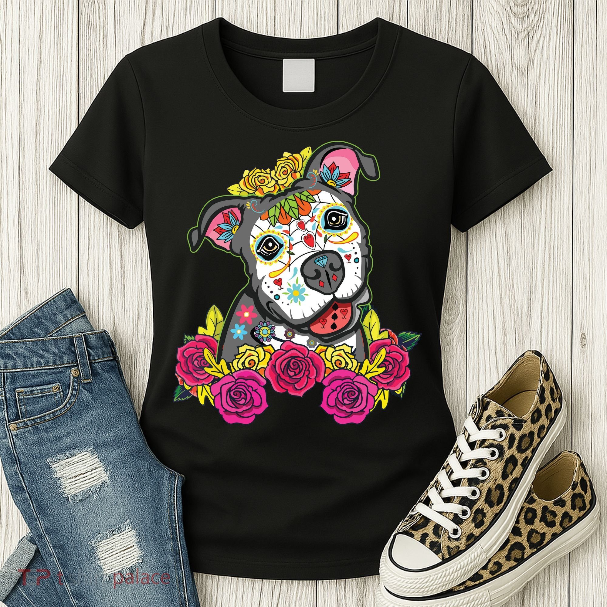 Cute Calavera Perro Dia De Los Muertos Halloween Dog Women's T-Shirt