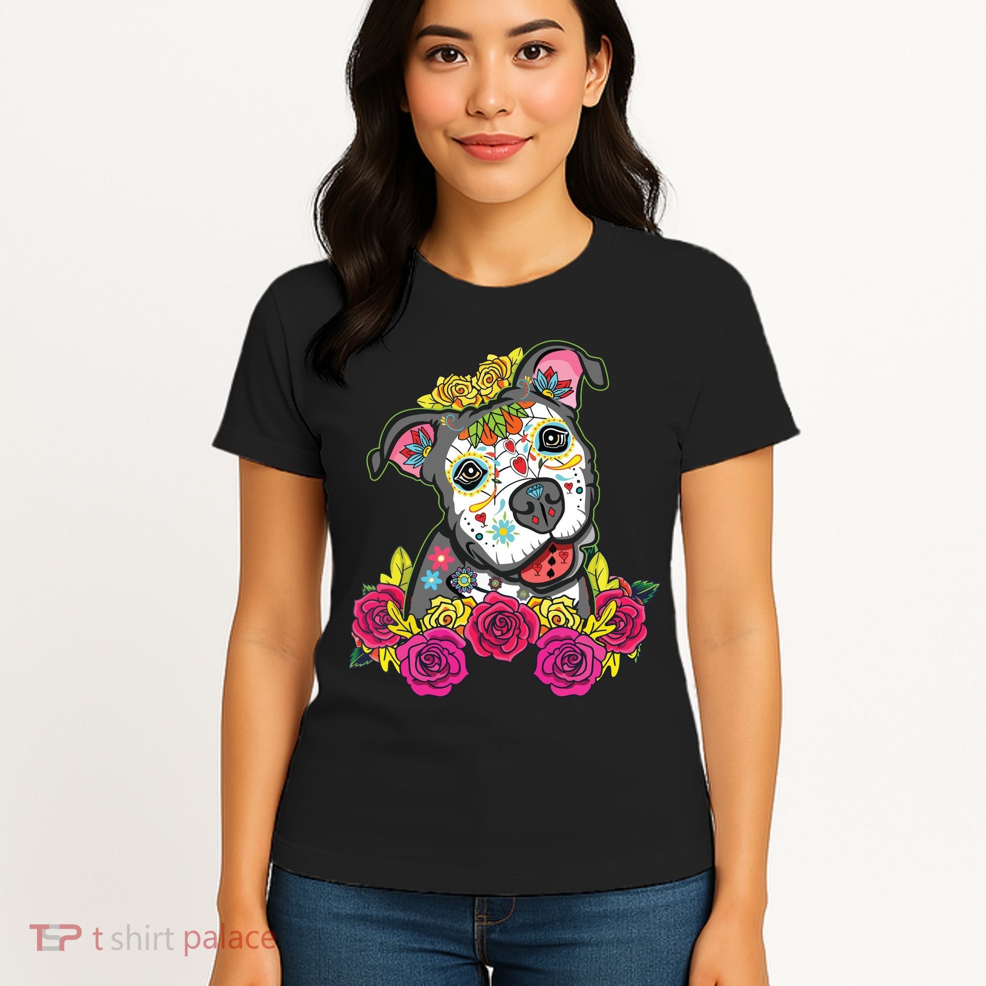 Cute Calavera Perro Dia De Los Muertos Halloween Dog Women's T-Shirt