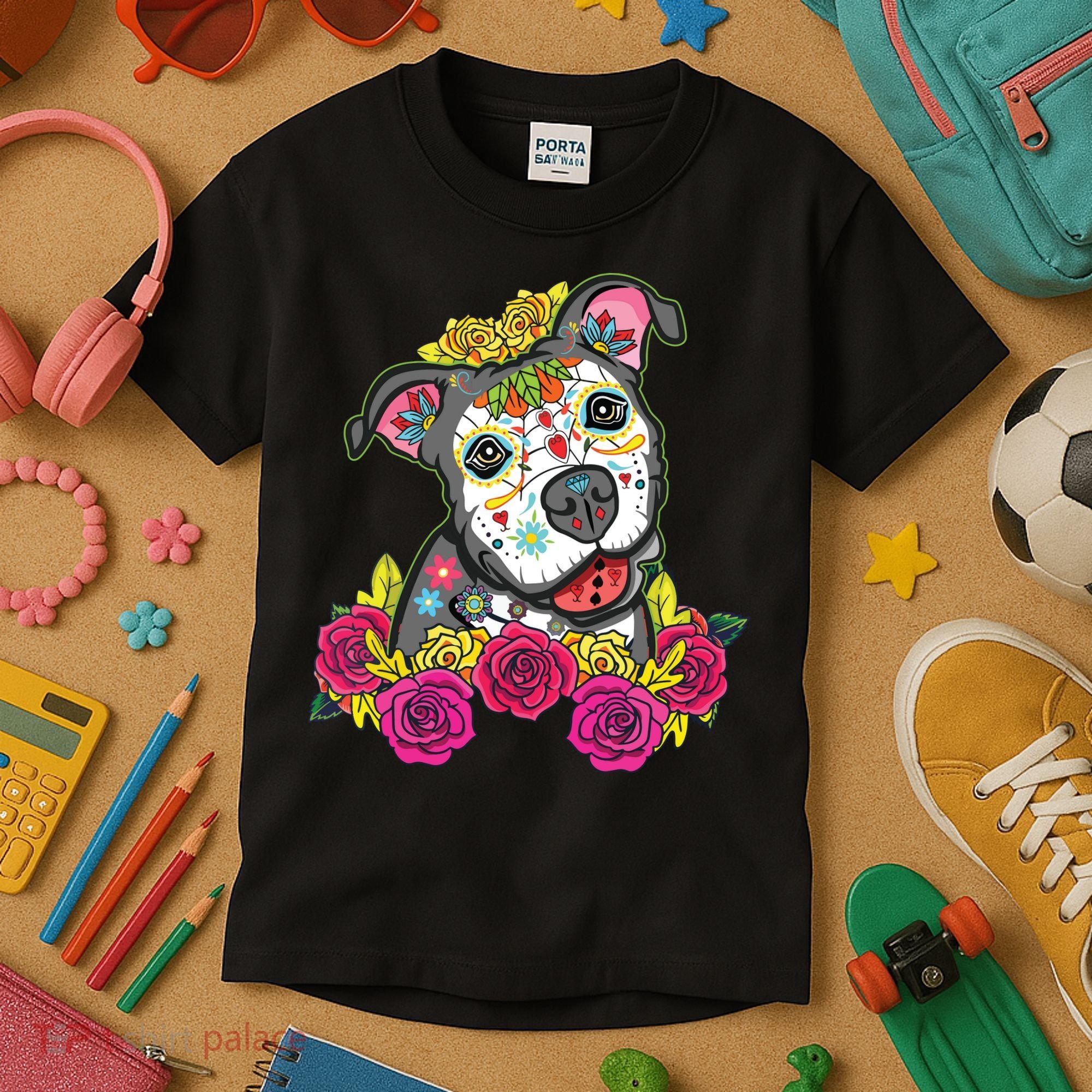 Cute Calavera Perro Dia De Los Muertos Halloween Dog Kids T-Shirt