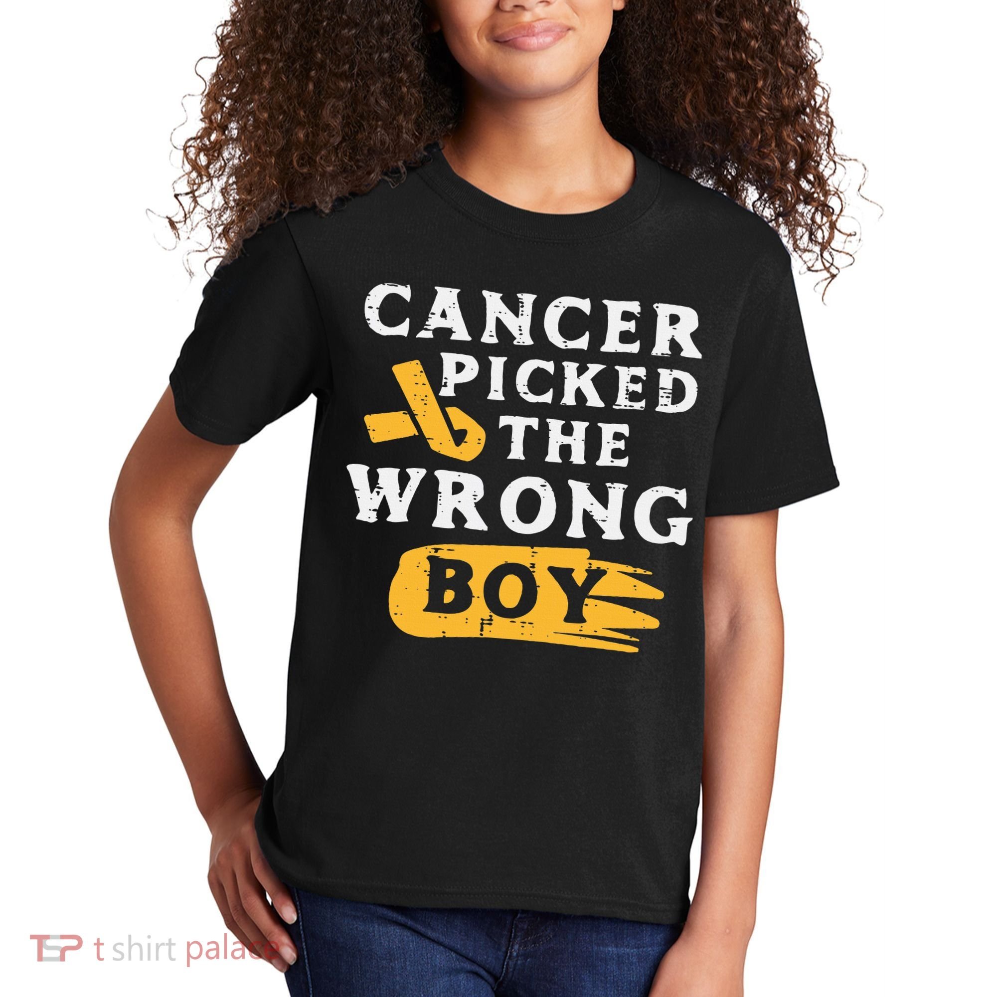 Childhood Cancer Picked The Wrong Boy Awareness Ribbon Kids T-Shirt