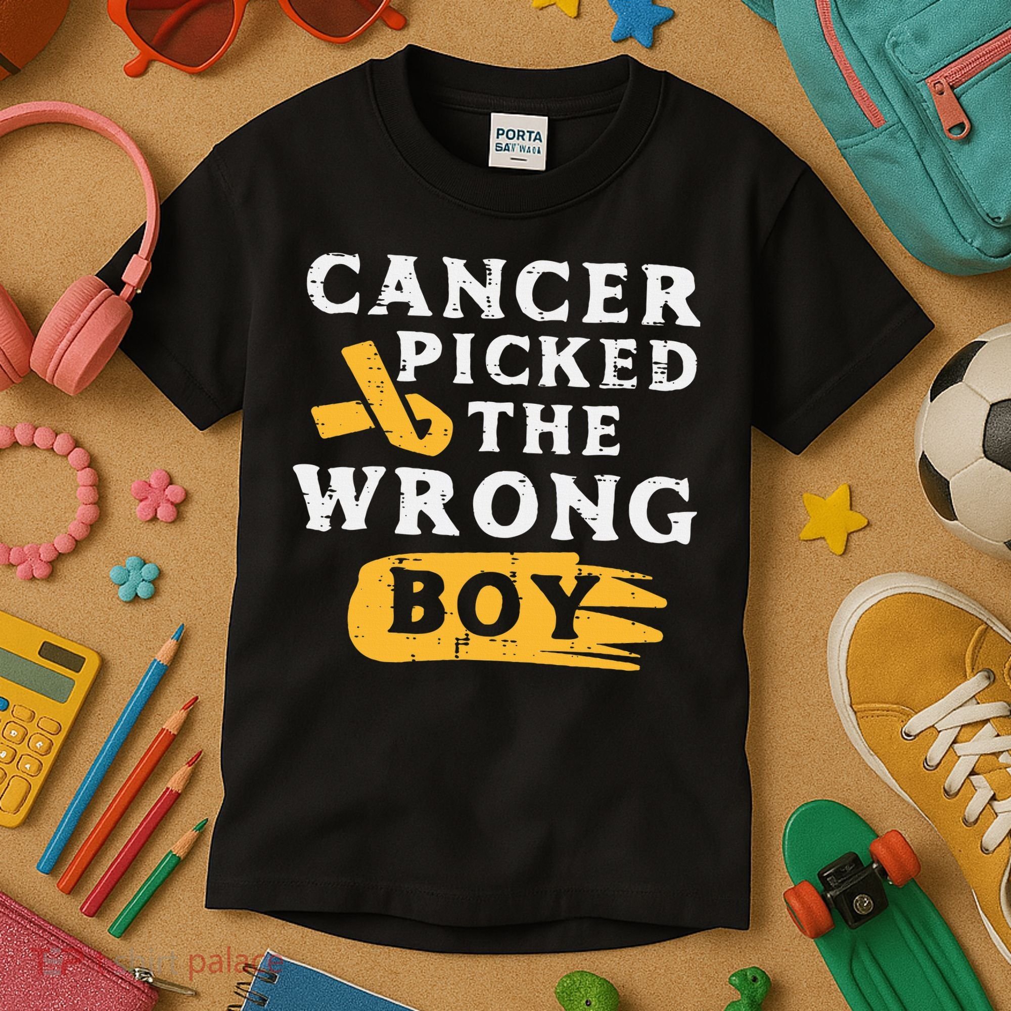 Childhood Cancer Picked The Wrong Boy Awareness Ribbon Kids T-Shirt
